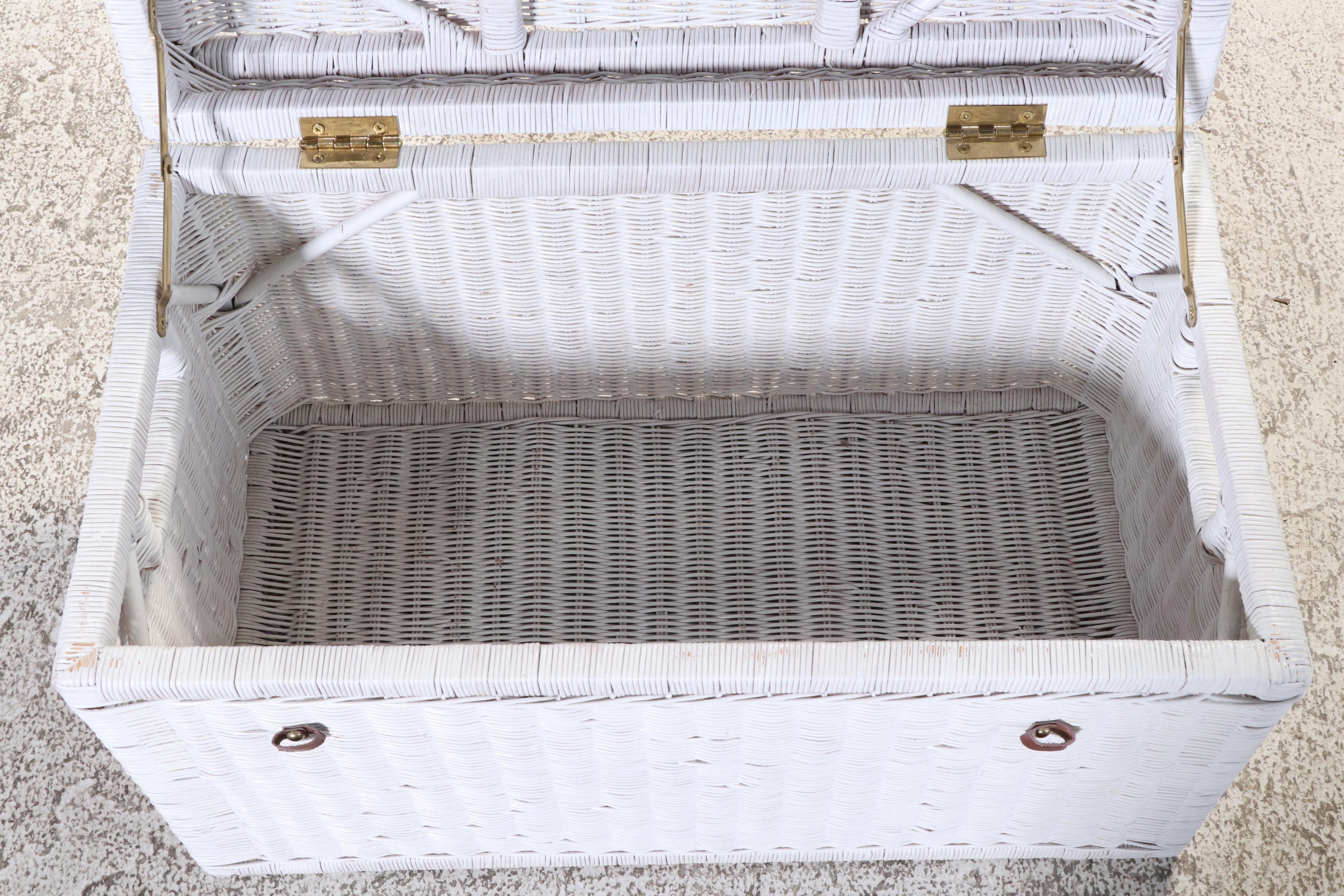 White Wicket Patio Chair with Floral Cushion and Wicker Storage Chest