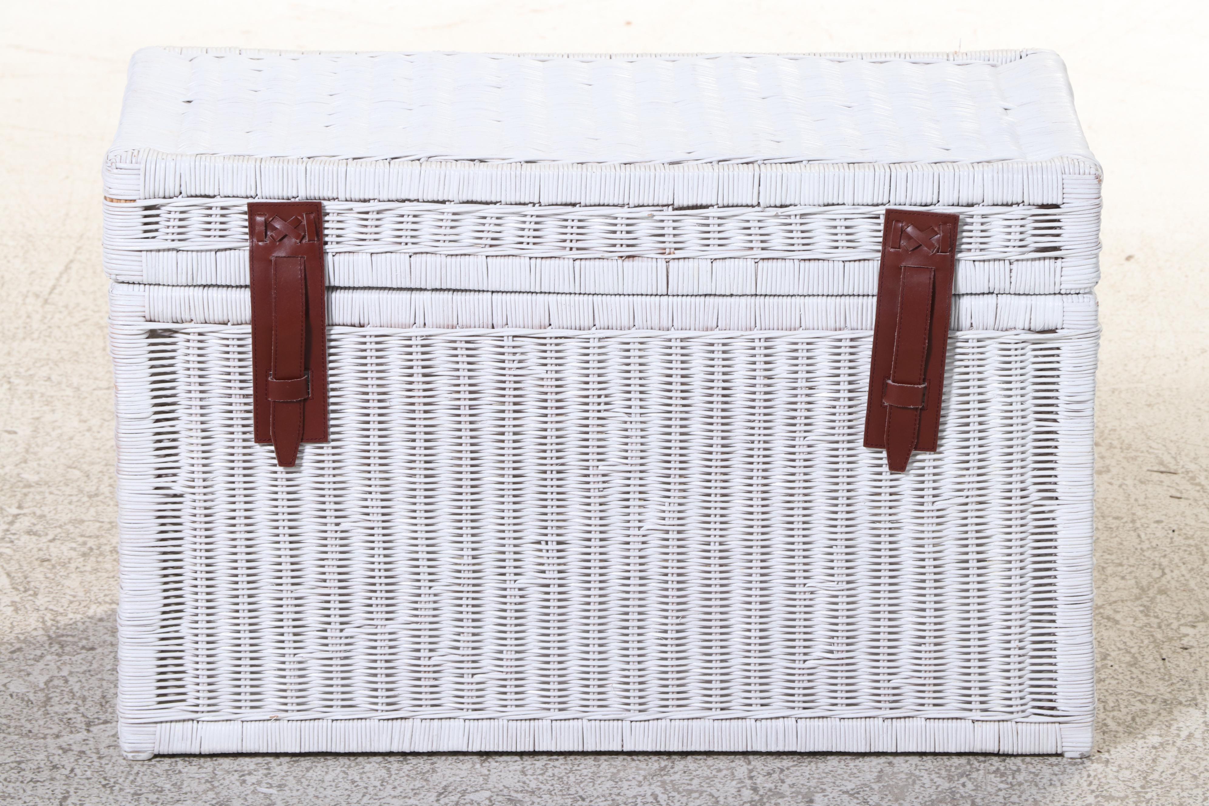 White Wicket Patio Chair with Floral Cushion and Wicker Storage Chest