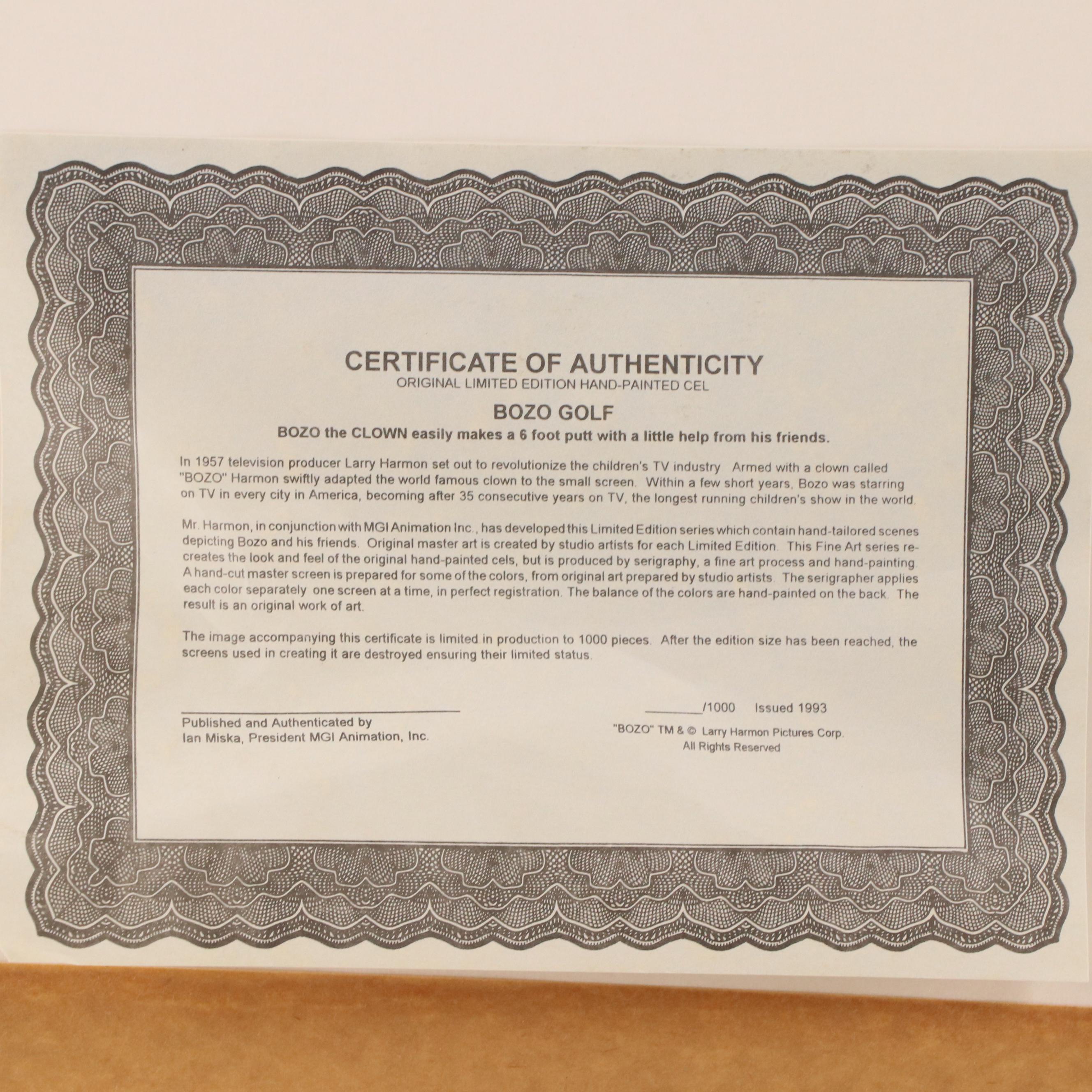 Larry Harmon Animation Sericel of Bozo the Clown "Bozo Golf," 1992