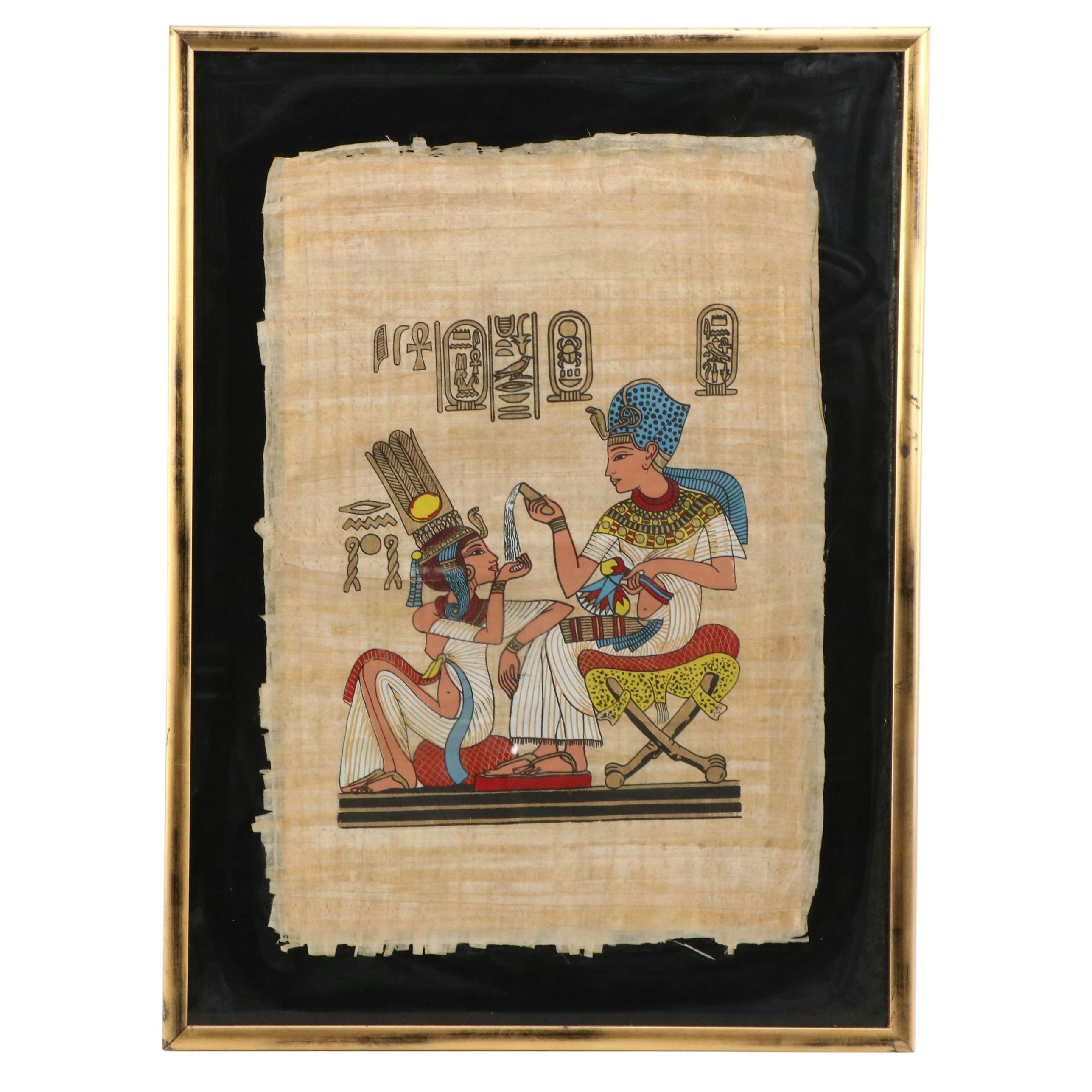 Egyptian Style Painted Papyrus with Figures and Hieroglyphs