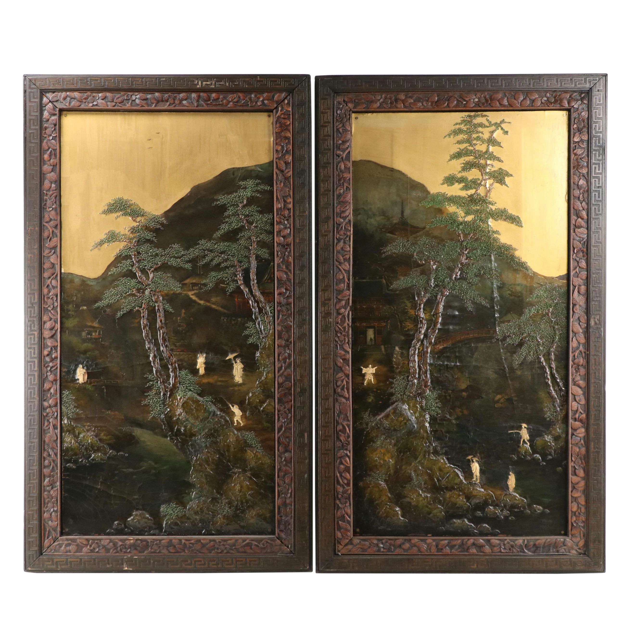 East Asian Mixed Media Landscape Panels