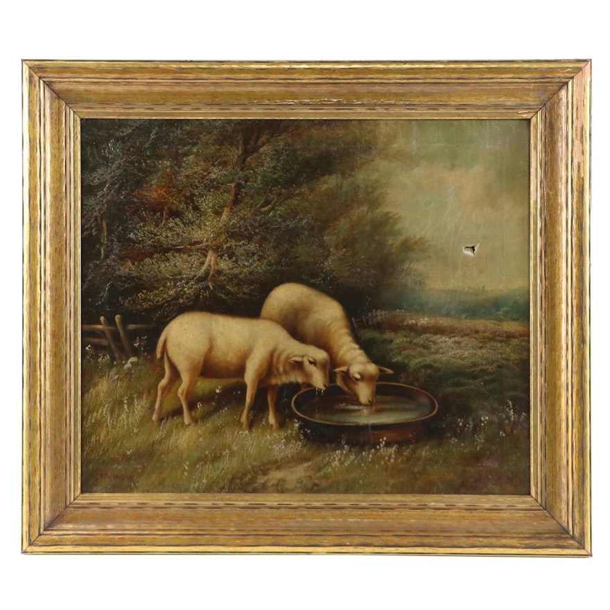 H. Kienzle Oil Painting of Lambs Drinking Water in Wooded Landscape