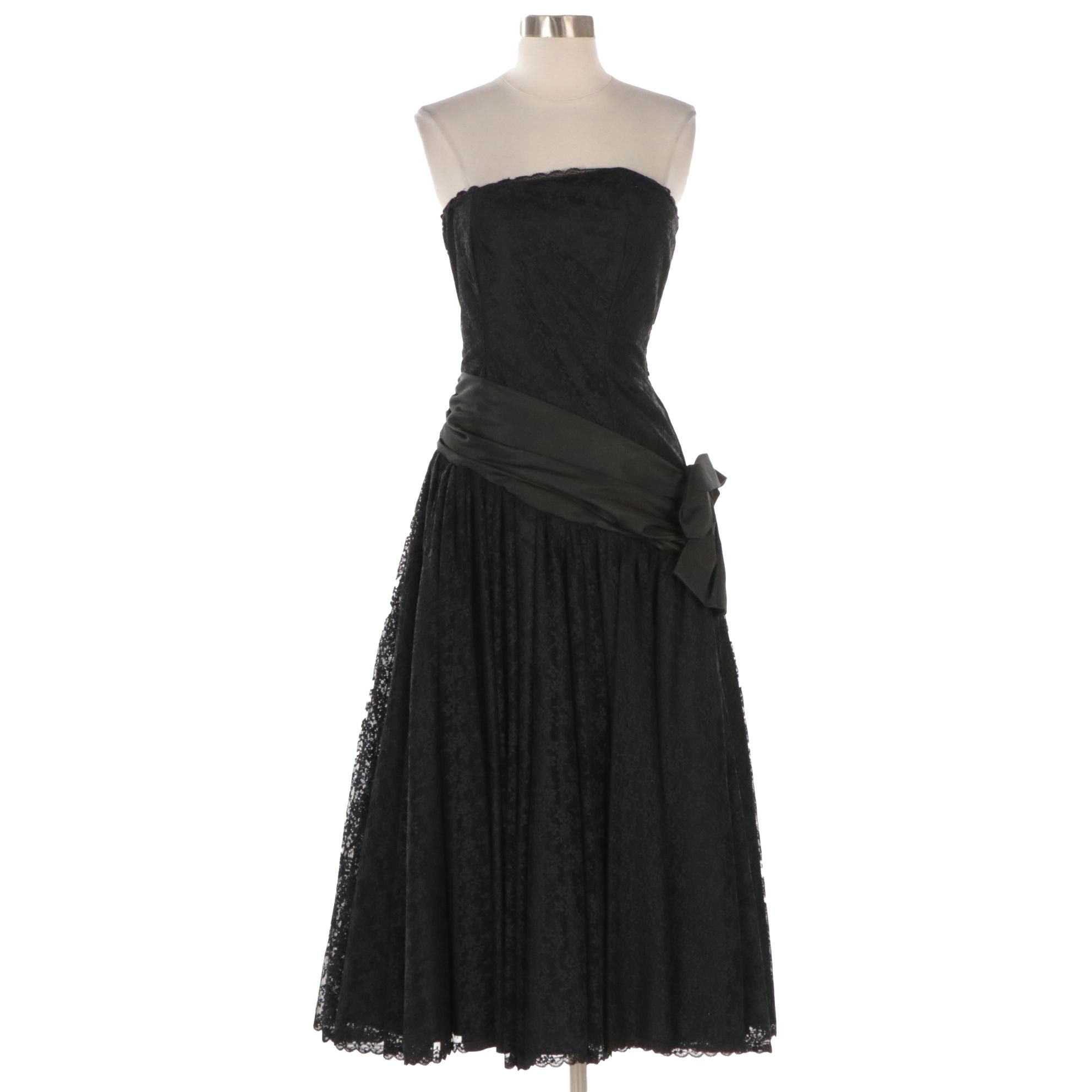By Carol Strapless Lace Flared Midi Dress With Polyester Bow Accent Sash, 1980s