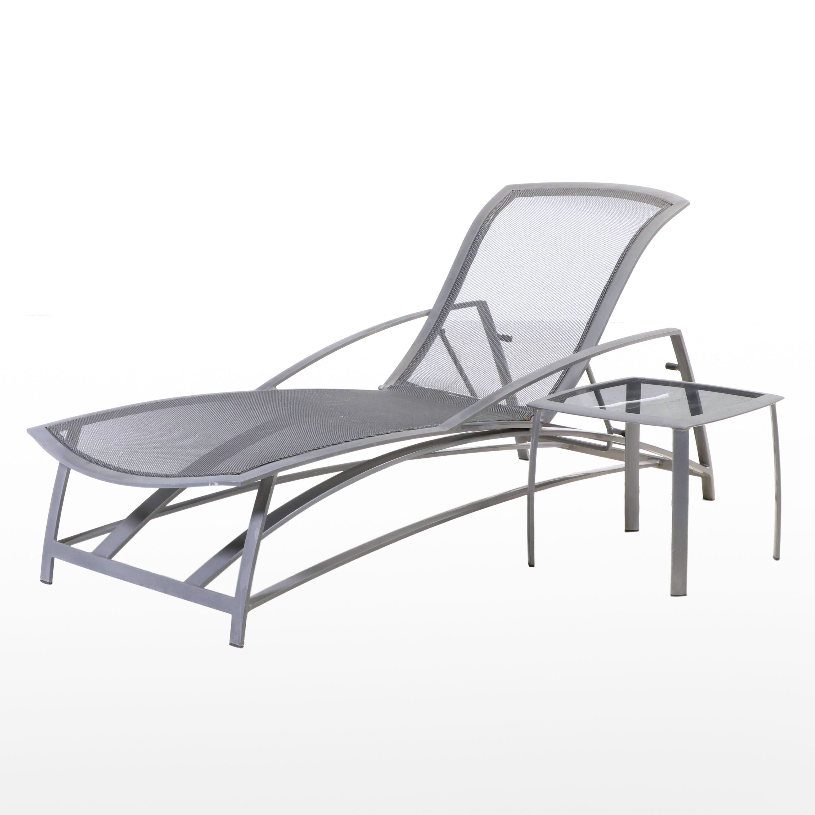 Brown Jordan Grey Metal and Mesh Chaise Lounge with Accent Table, Contemporary