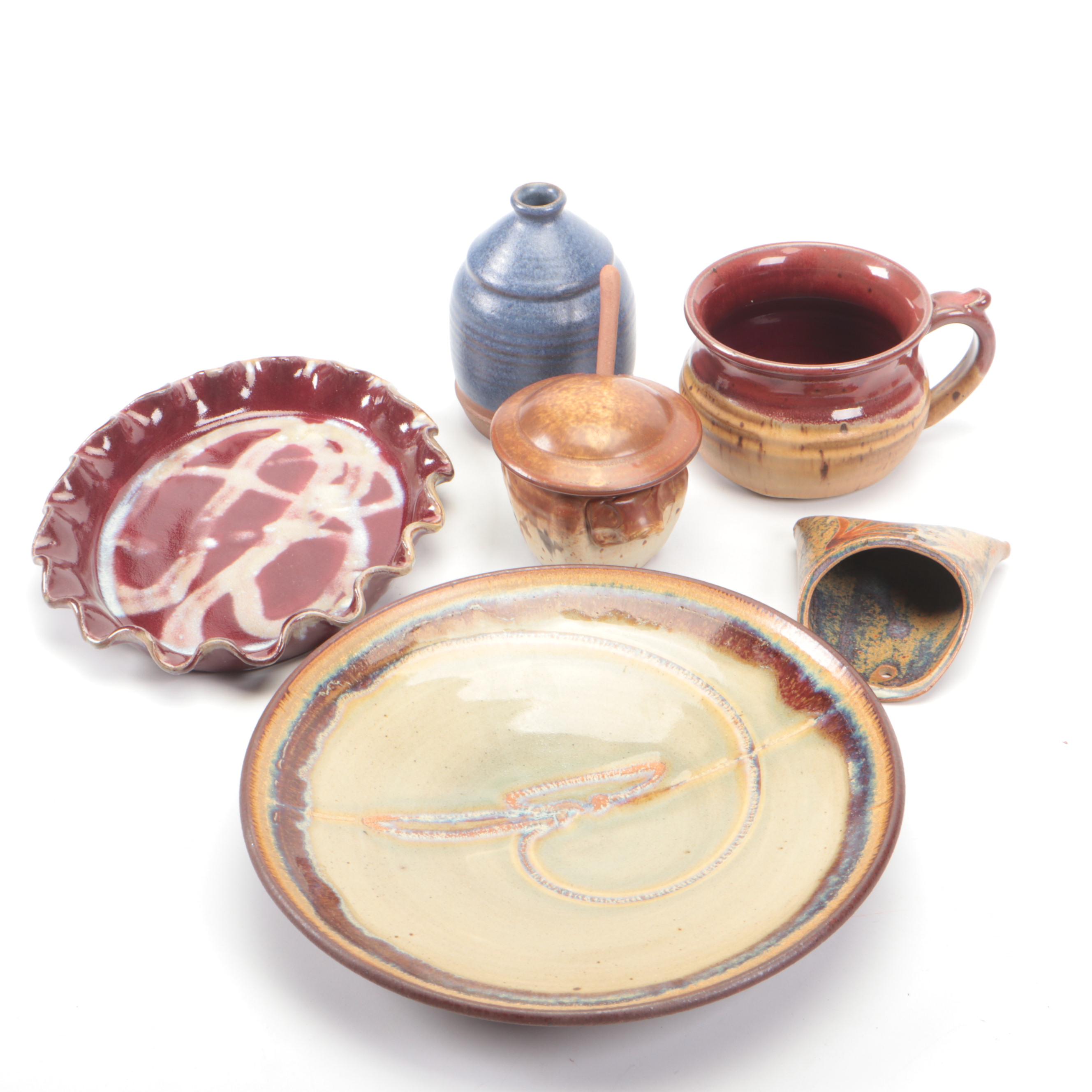 Artist Signed Earthenware Plate with Other Art Pottery Vases and Decor