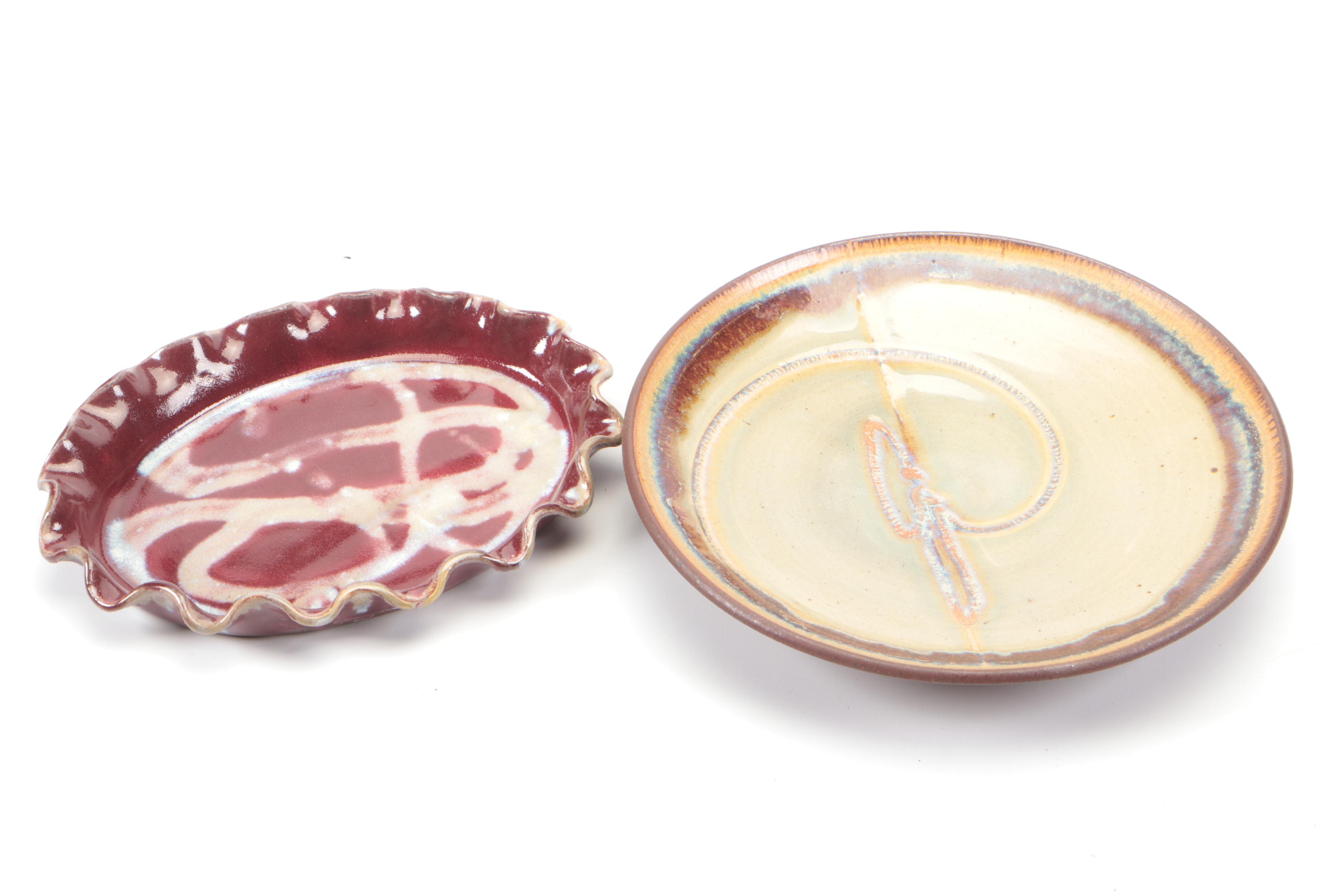 Artist Signed Earthenware Plate with Other Art Pottery Vases and Decor