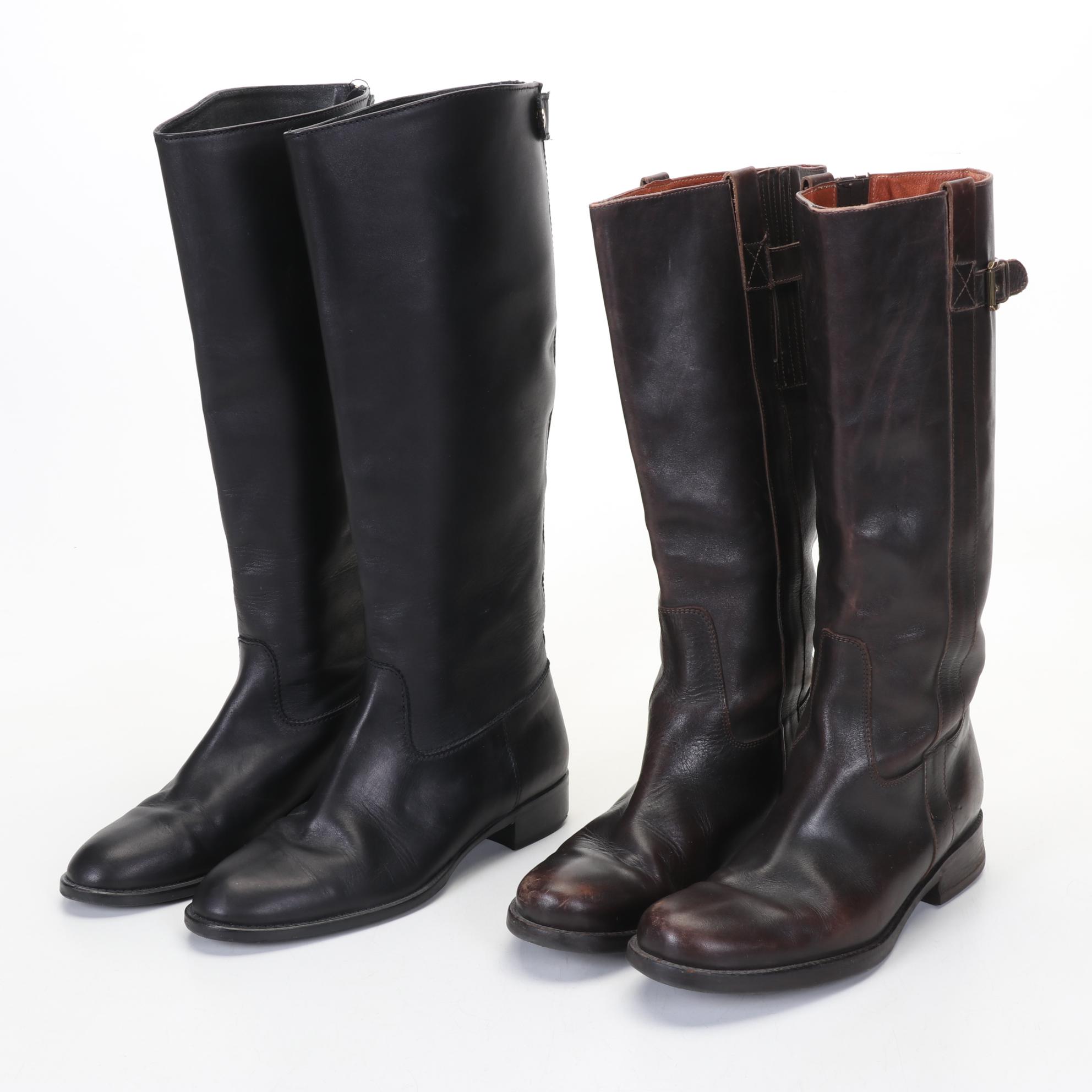 J. Crew Brown and Black Leather Low-Heel Calf Boots