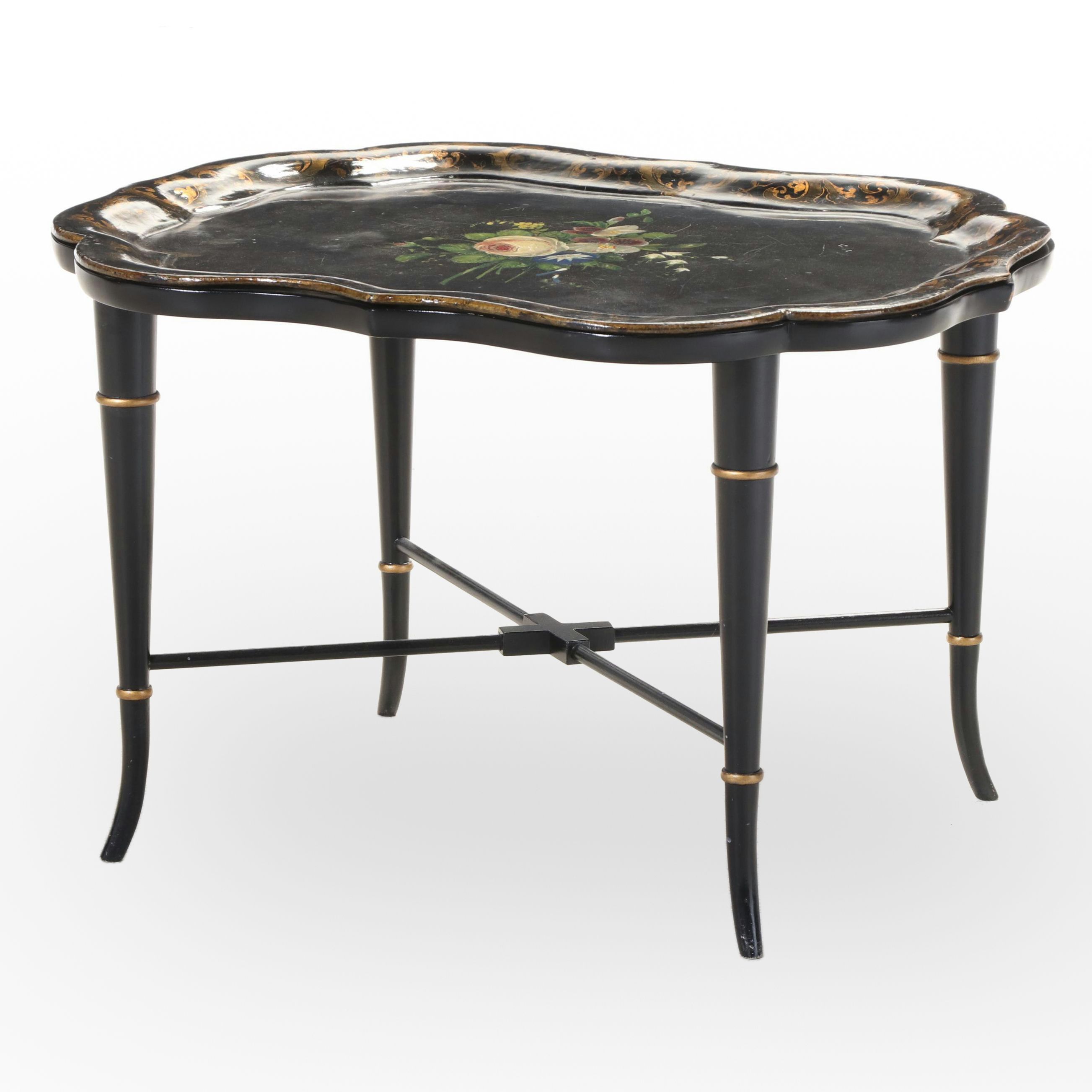 Victorian Lacquered, Parcel-Gilt, & Polychromed Papier-Mâché Tray on Later Stand