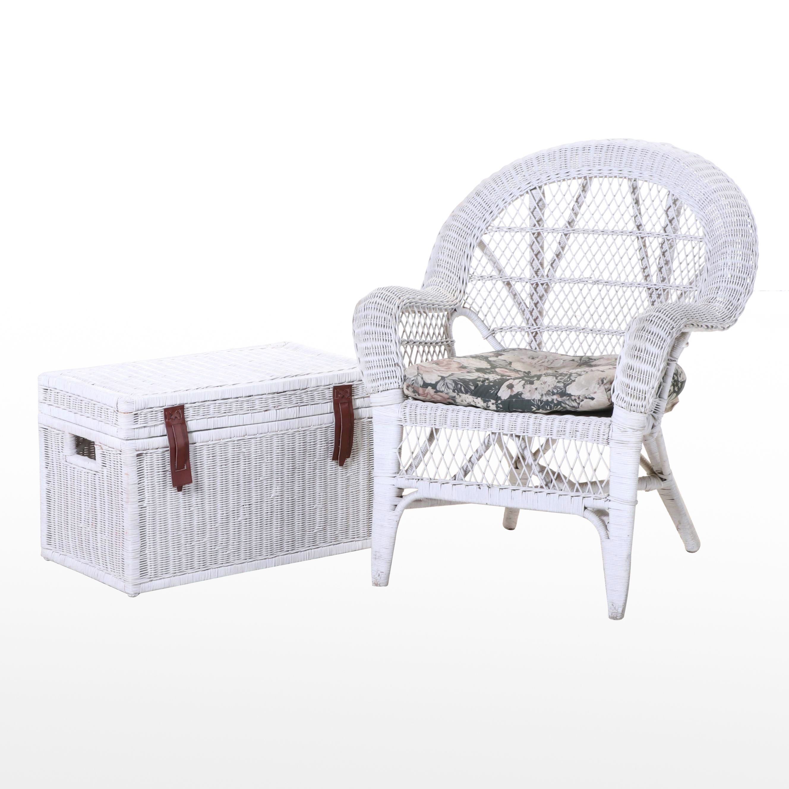 White Wicket Patio Chair with Floral Cushion and Wicker Storage Chest