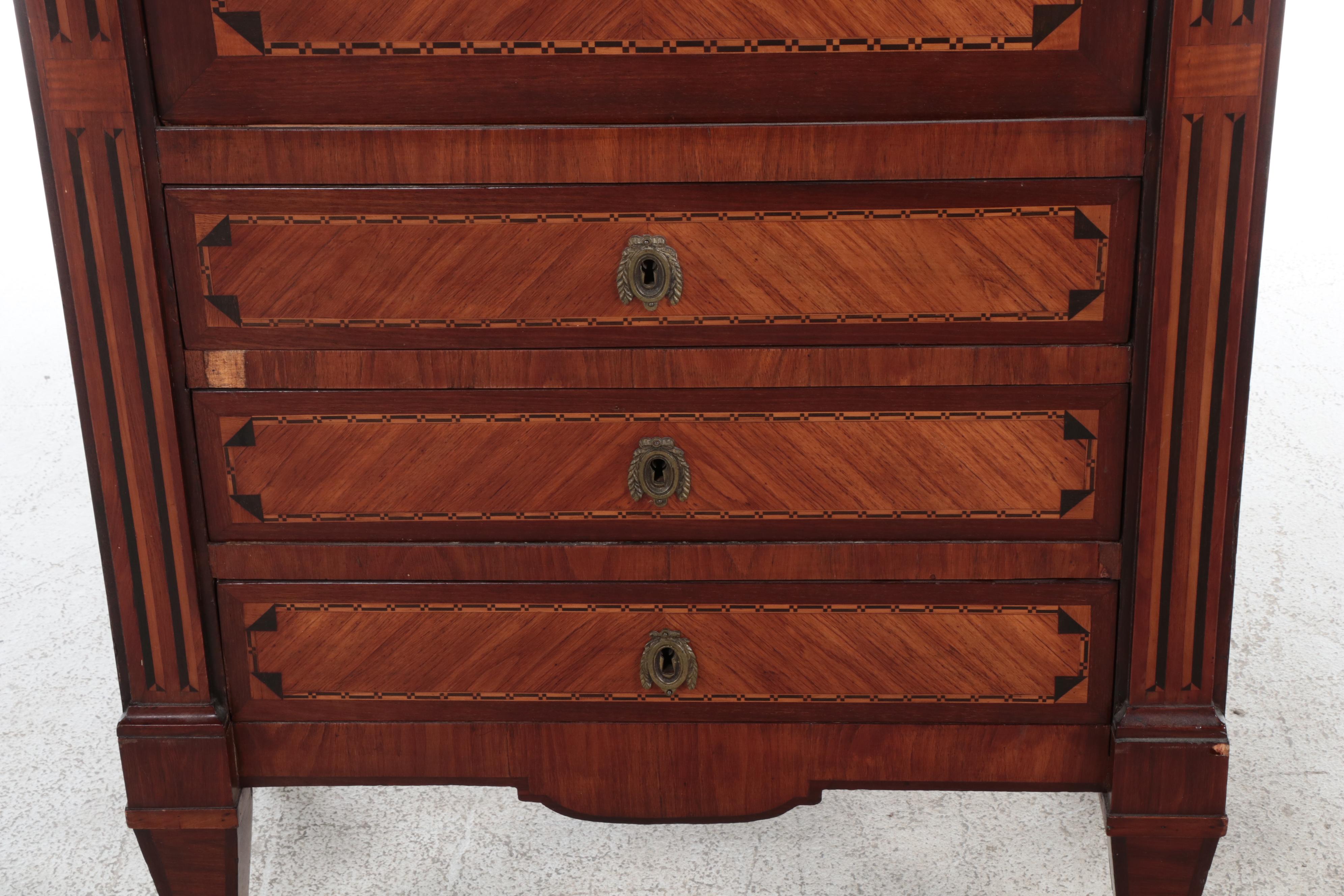 Louis XVI Style Kingwood, Marquetry, and Marble Top Secrétaire à Abattant