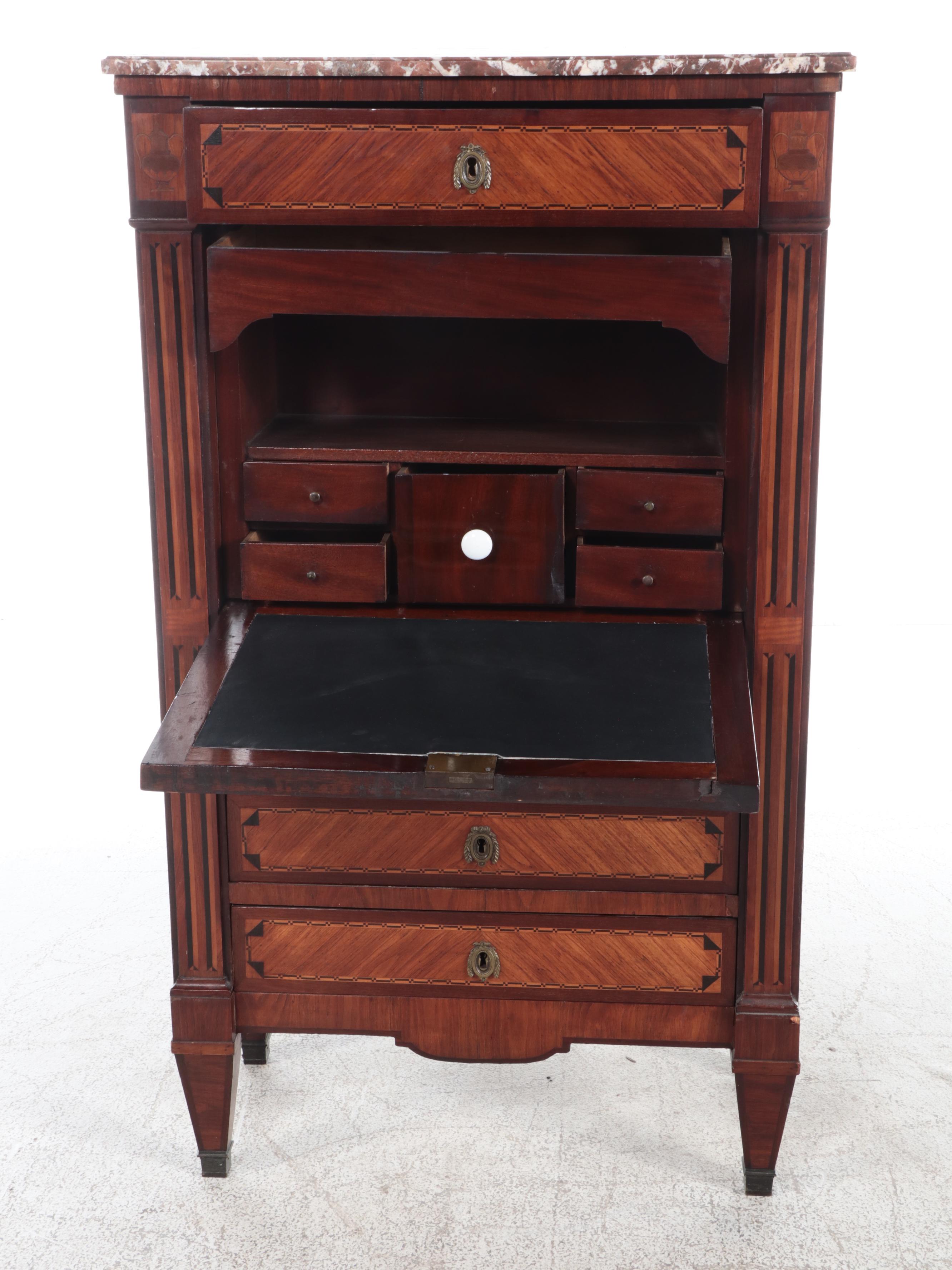 Louis XVI Style Kingwood, Marquetry, and Marble Top Secrétaire à Abattant