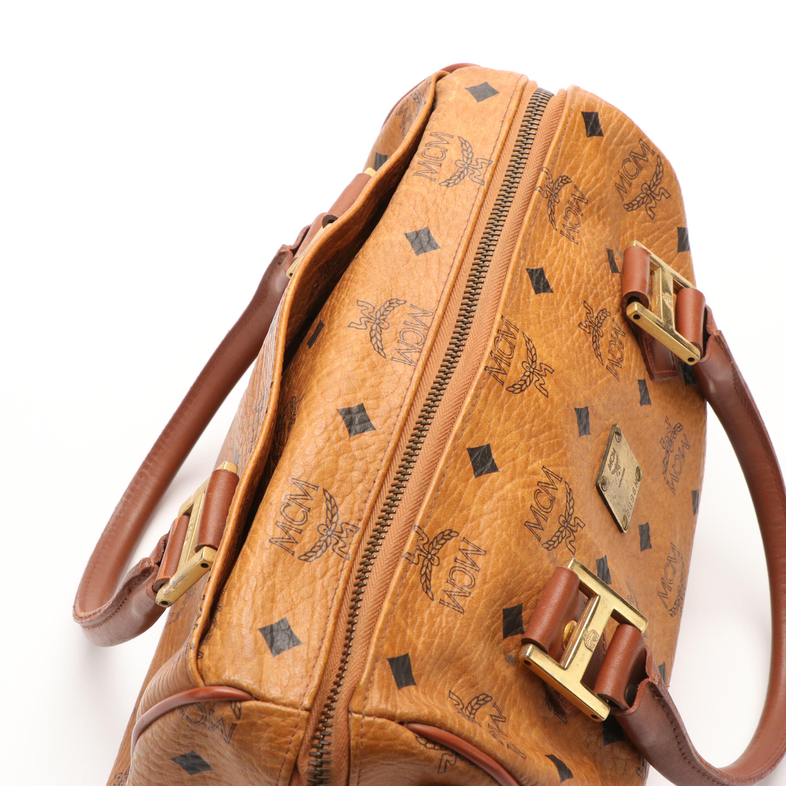 MCM Boston Bag in Cognac Visetos Coated Canvas