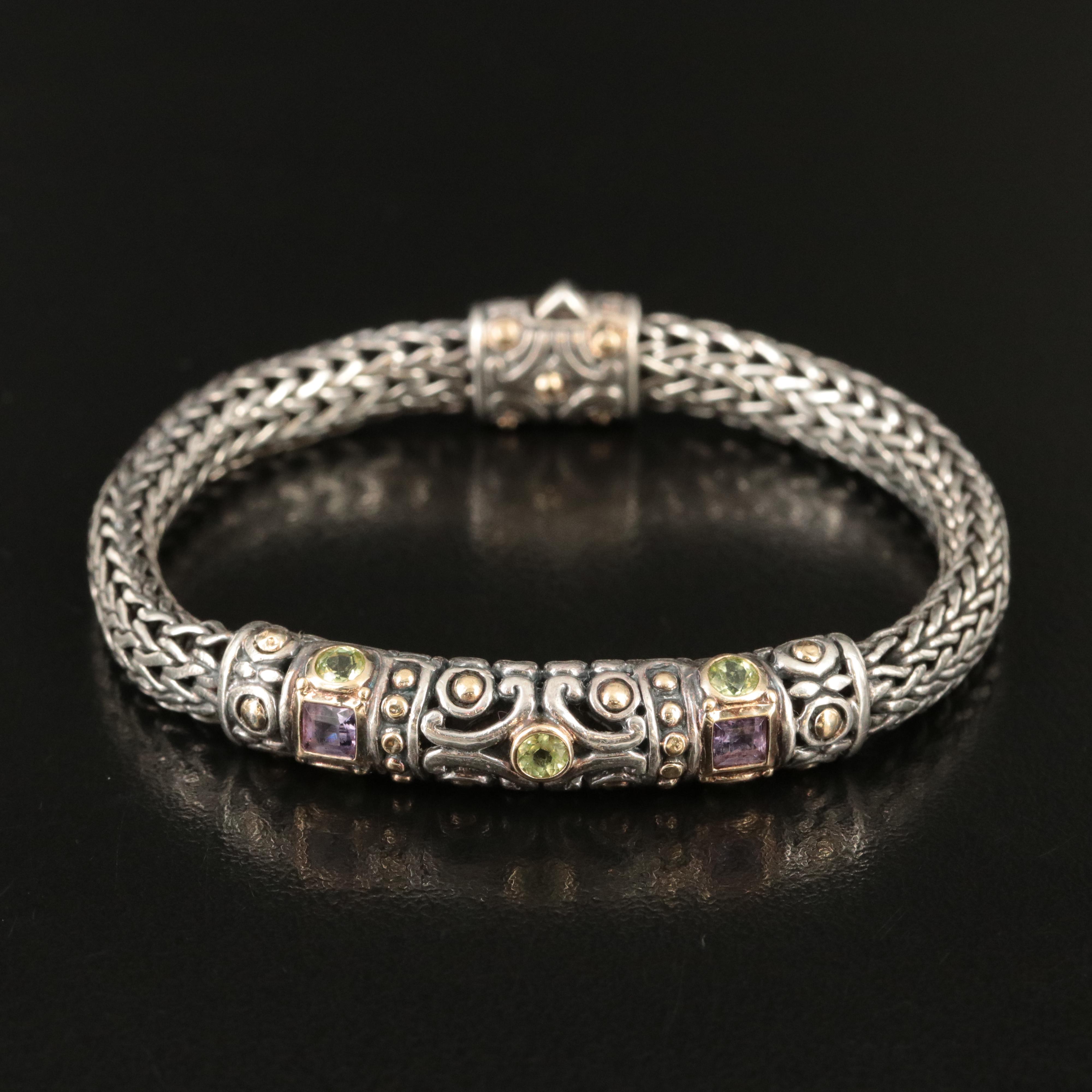 John Hardy "Batu Sari" Sterling Peridot and Amethyst Bracelet with 18K Accents