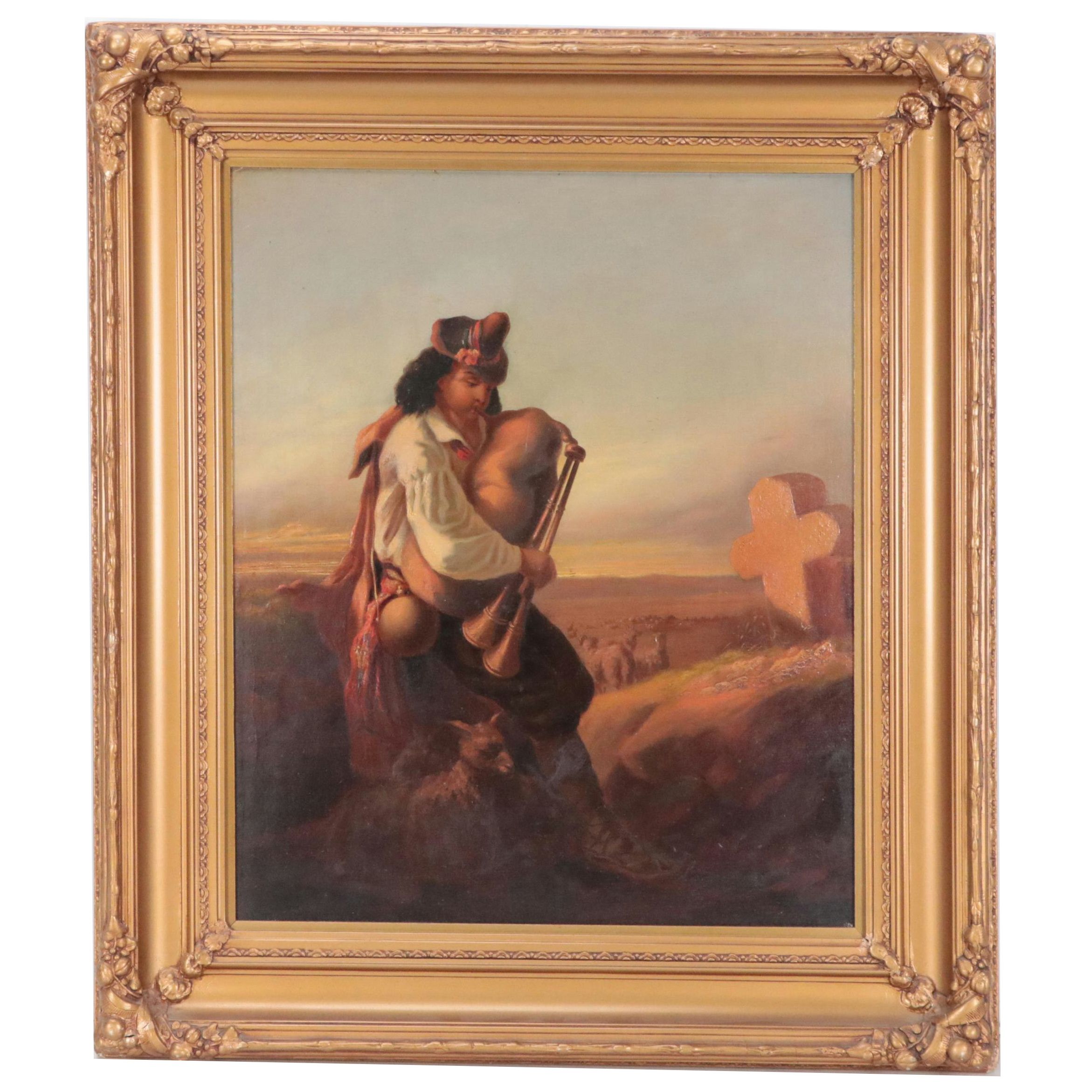 Oil Painting of Scotsman Playing Bagpipes, Circa 1900