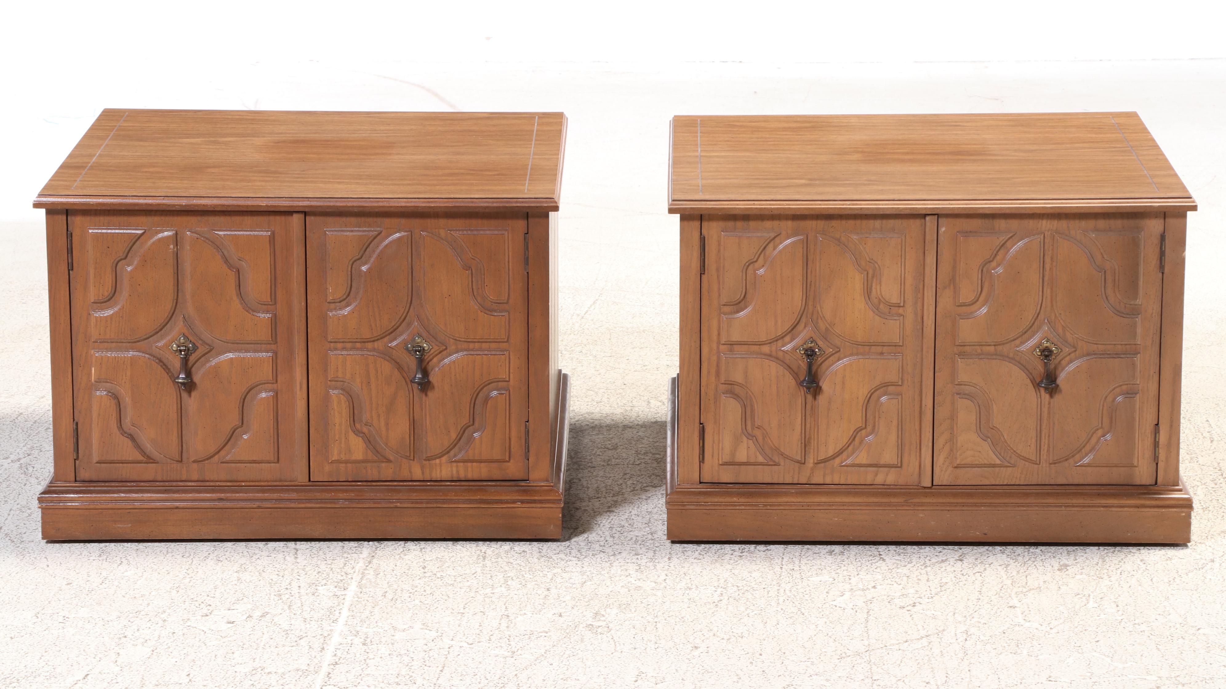 Pair of Mersman Mediterranean Style Oak and Laminate Top Side Cabinets