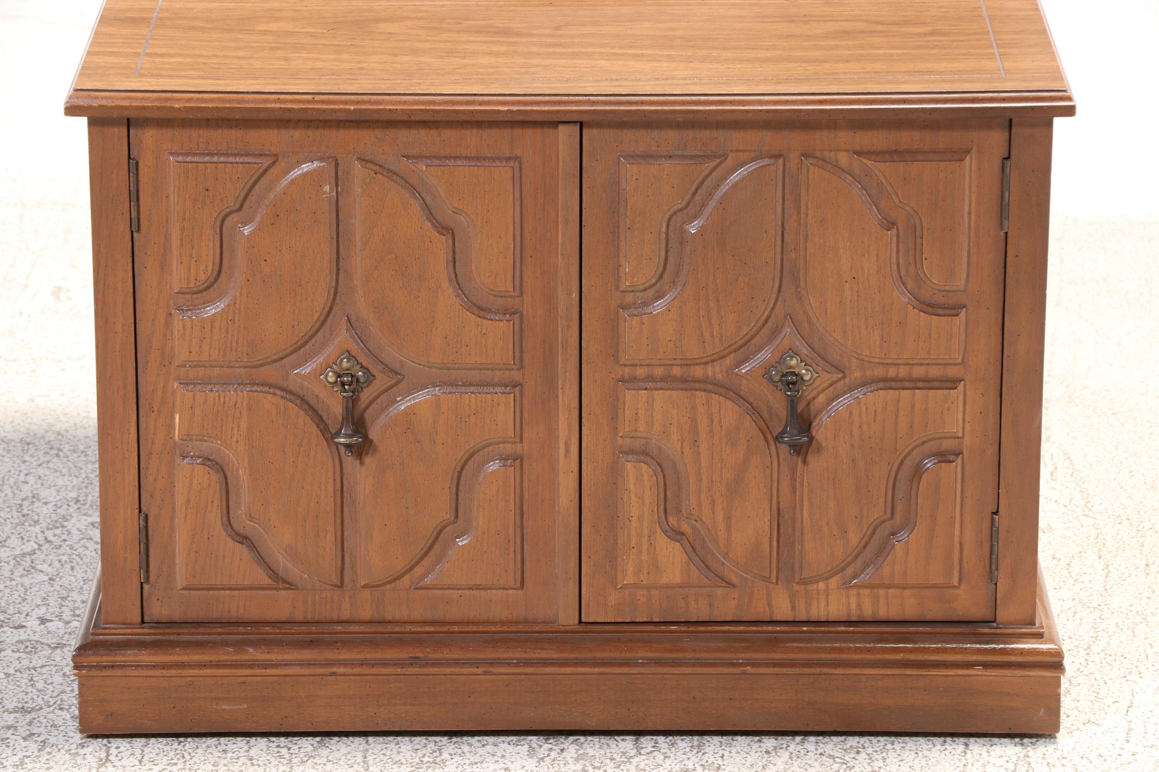 Pair of Mersman Mediterranean Style Oak and Laminate Top Side Cabinets
