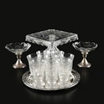 Weighted Sterling Bases and Bowl Inserts, Square Glass Cake Plate, and Glasses