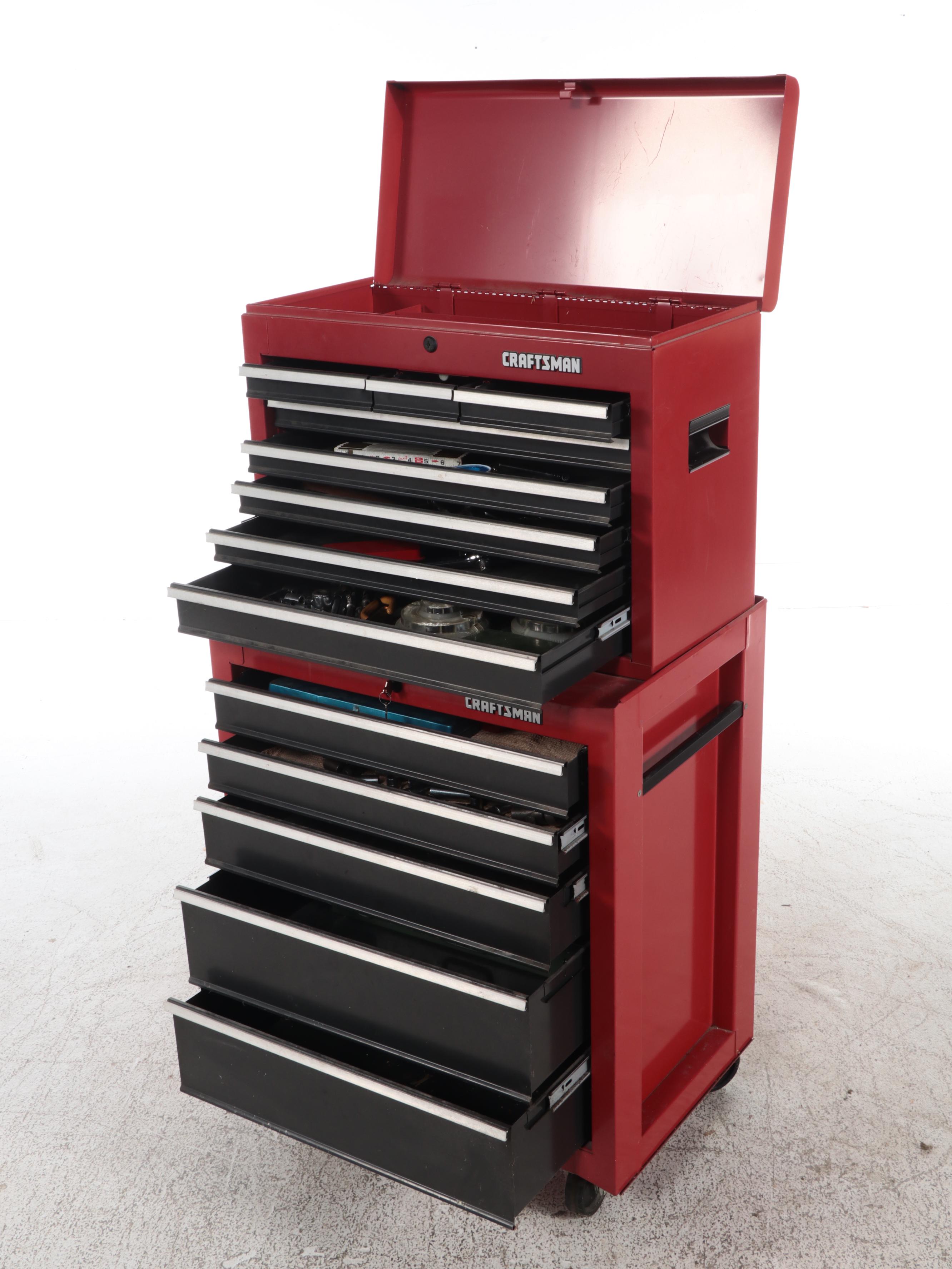 Craftsman Red Enameled Metal Locking Tool Chest with Assorted Tools