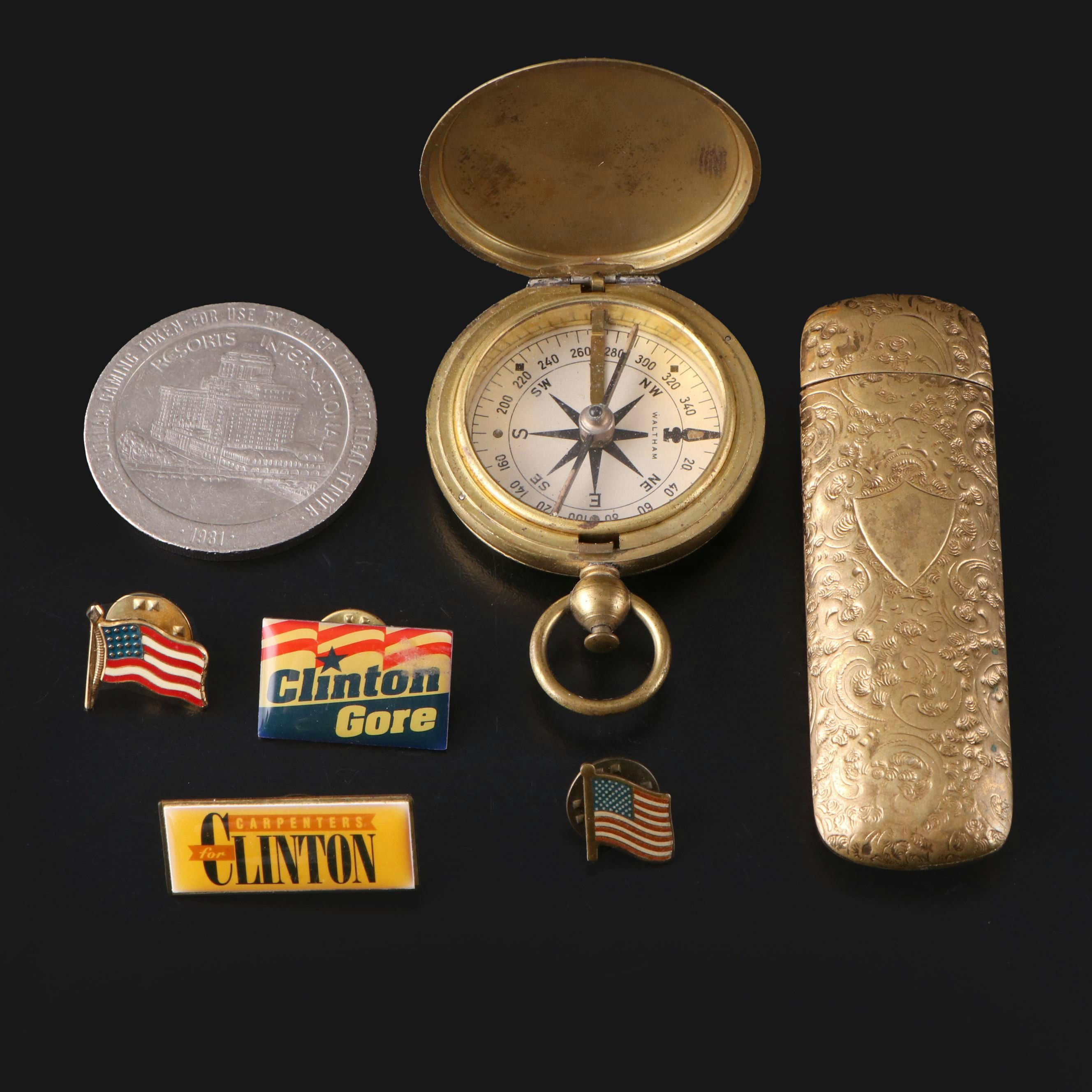 Waltham Brass Pocket Compass with Filigree Motif Brass Lighter Holder and More