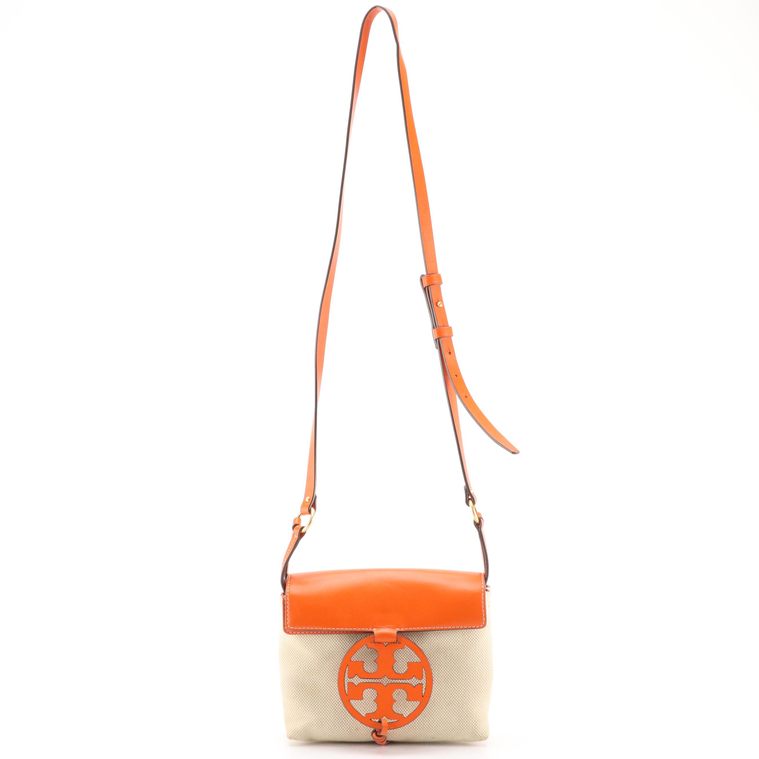 Tory Burch Miller Crossbody Bag in Orange Leather and Beige Canvas