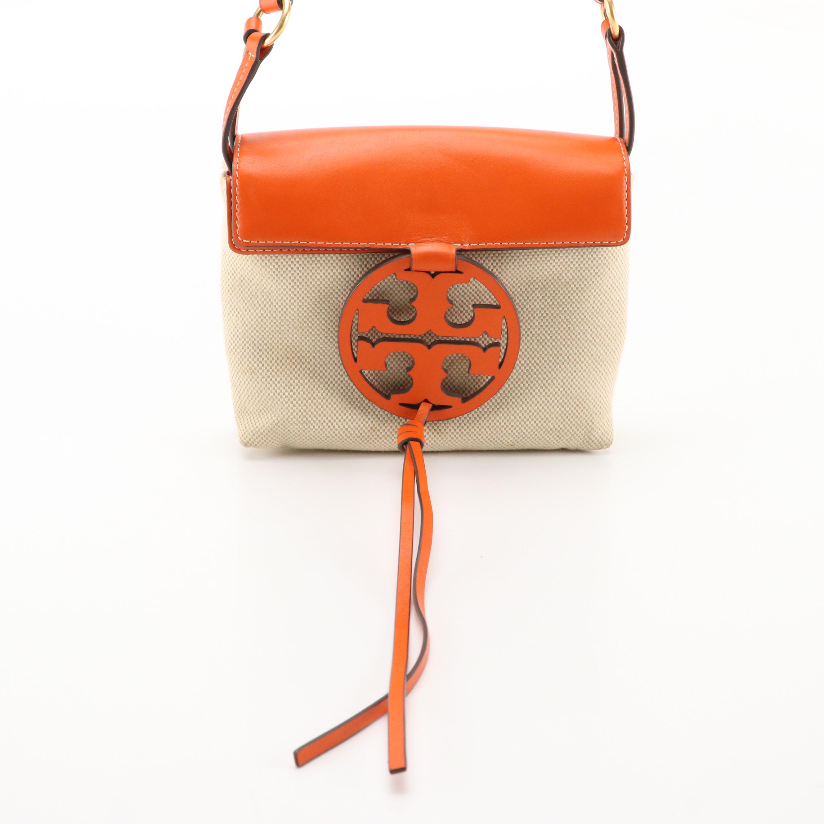 Tory Burch Miller Crossbody Bag in Orange Leather and Beige Canvas