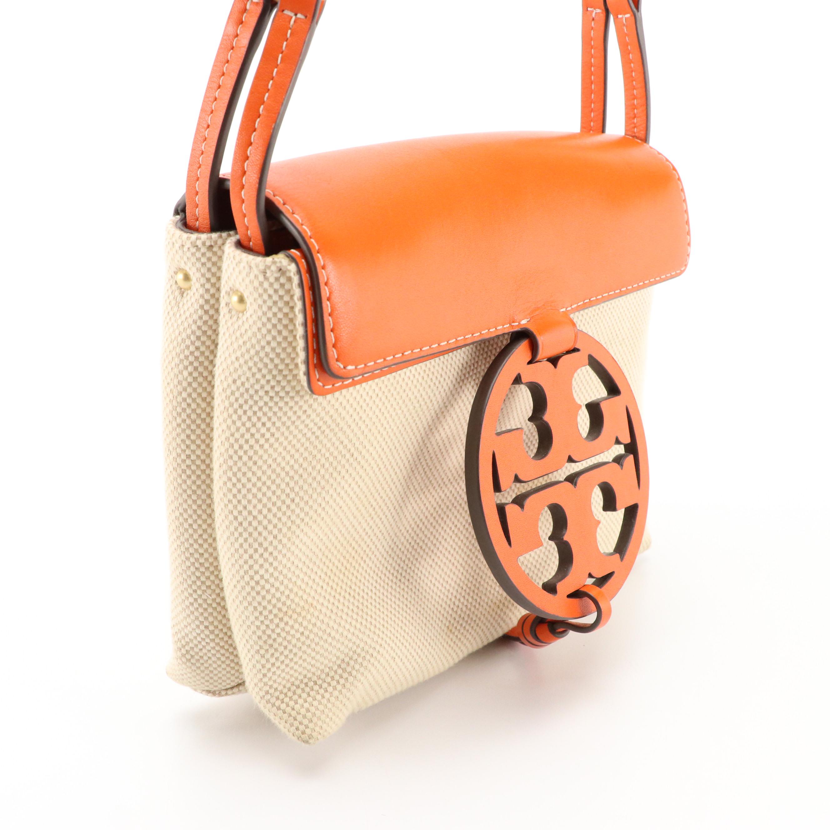 Tory Burch Miller Crossbody Bag in Orange Leather and Beige Canvas