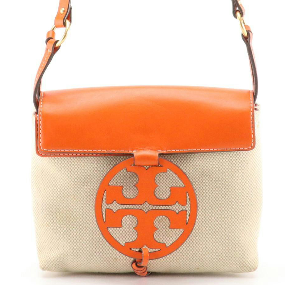 Tory Burch Miller Crossbody Bag in Orange Leather and Beige Canvas