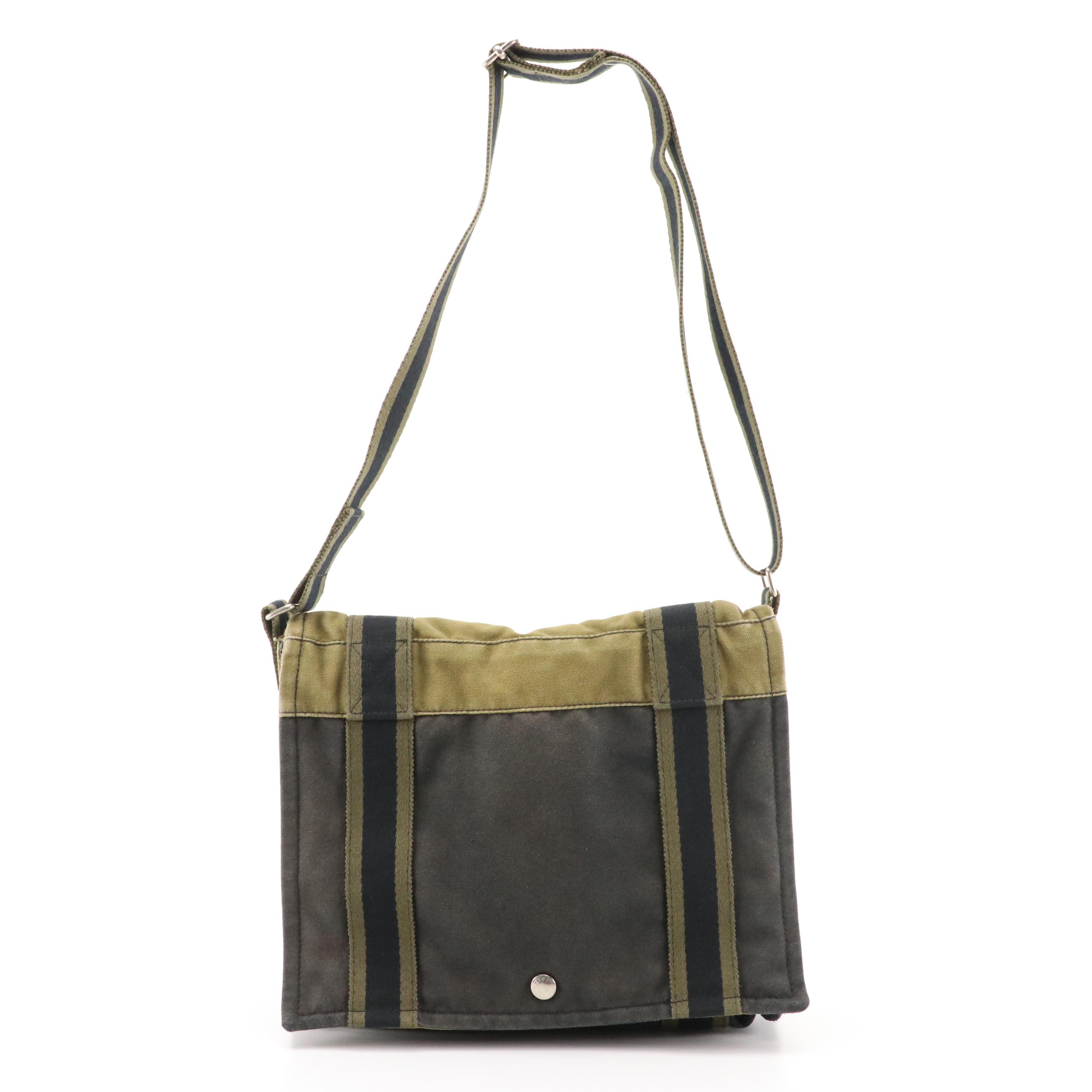 Hermès Herline Flap-Front Messenger Bag in Khaki Green and Navy Canvas