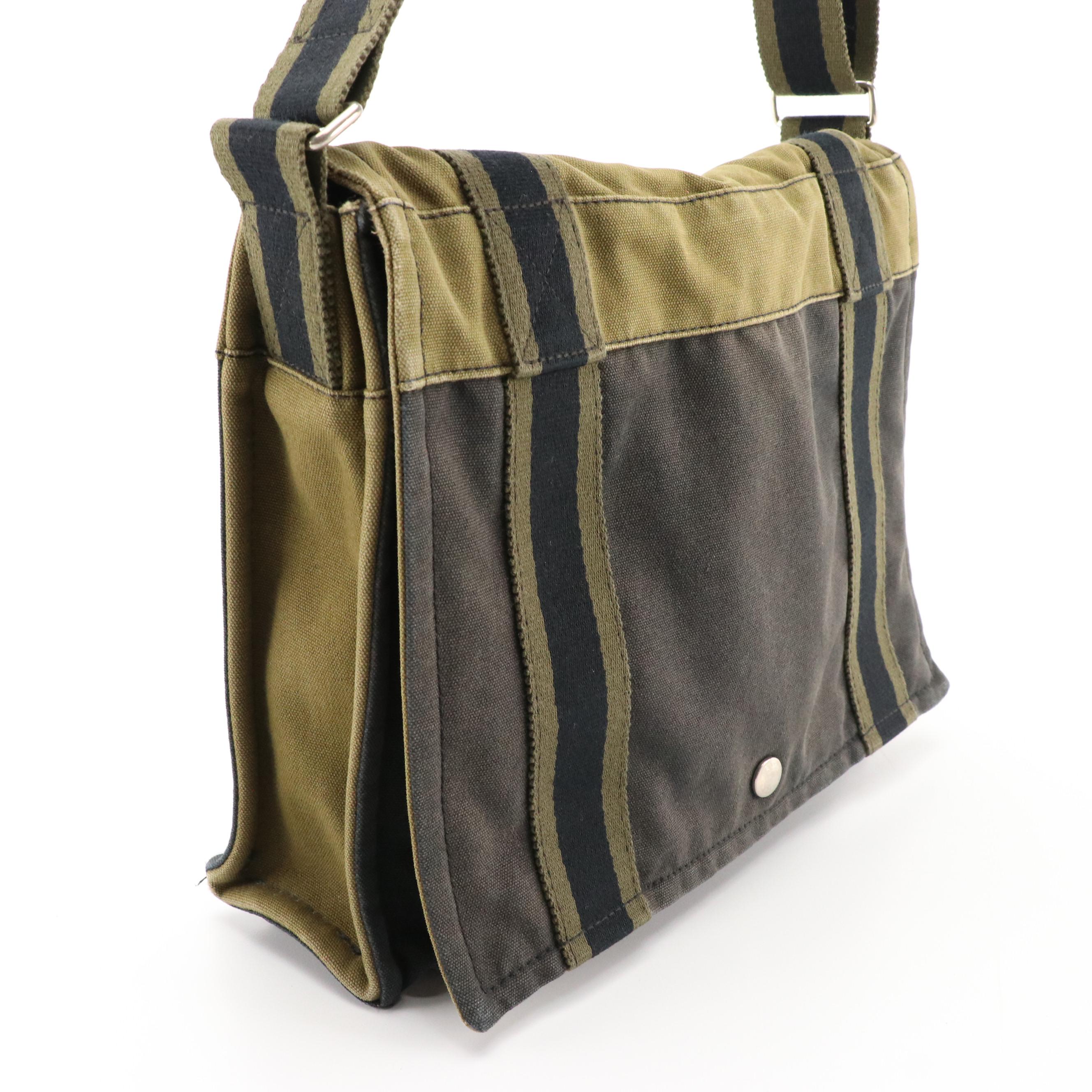 Hermès Herline Flap-Front Messenger Bag in Khaki Green and Navy Canvas