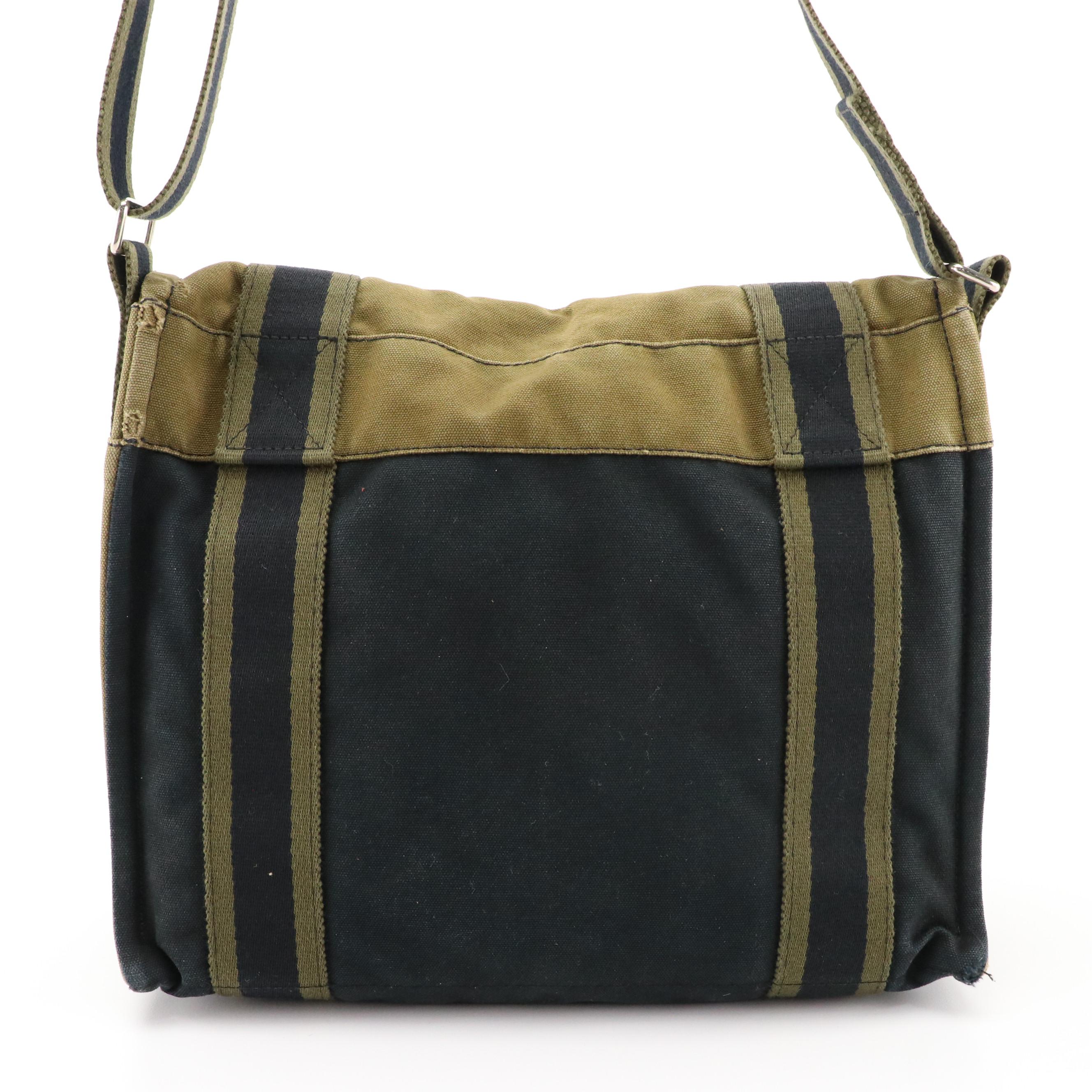 Hermès Herline Flap-Front Messenger Bag in Khaki Green and Navy Canvas