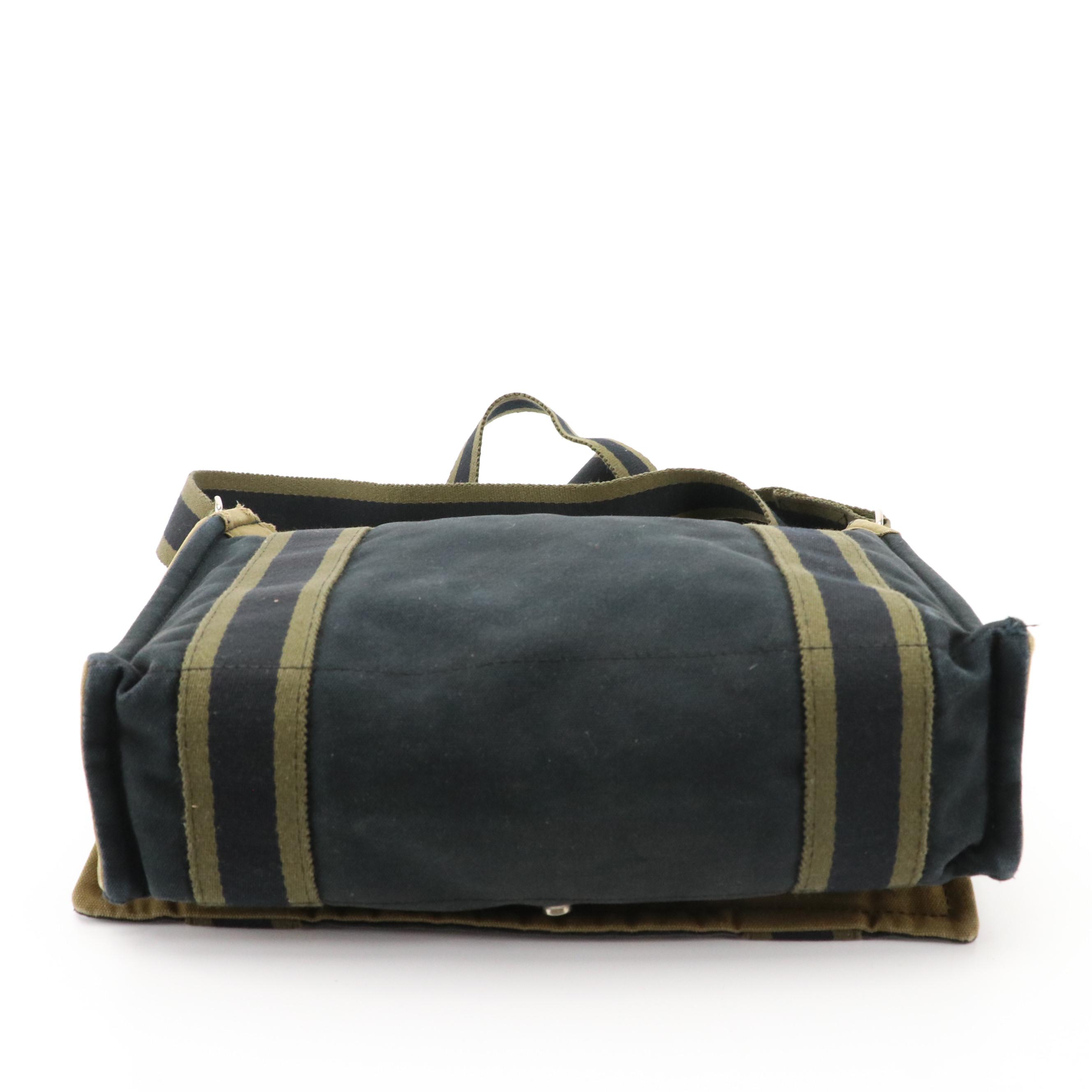 Hermès Herline Flap-Front Messenger Bag in Khaki Green and Navy Canvas