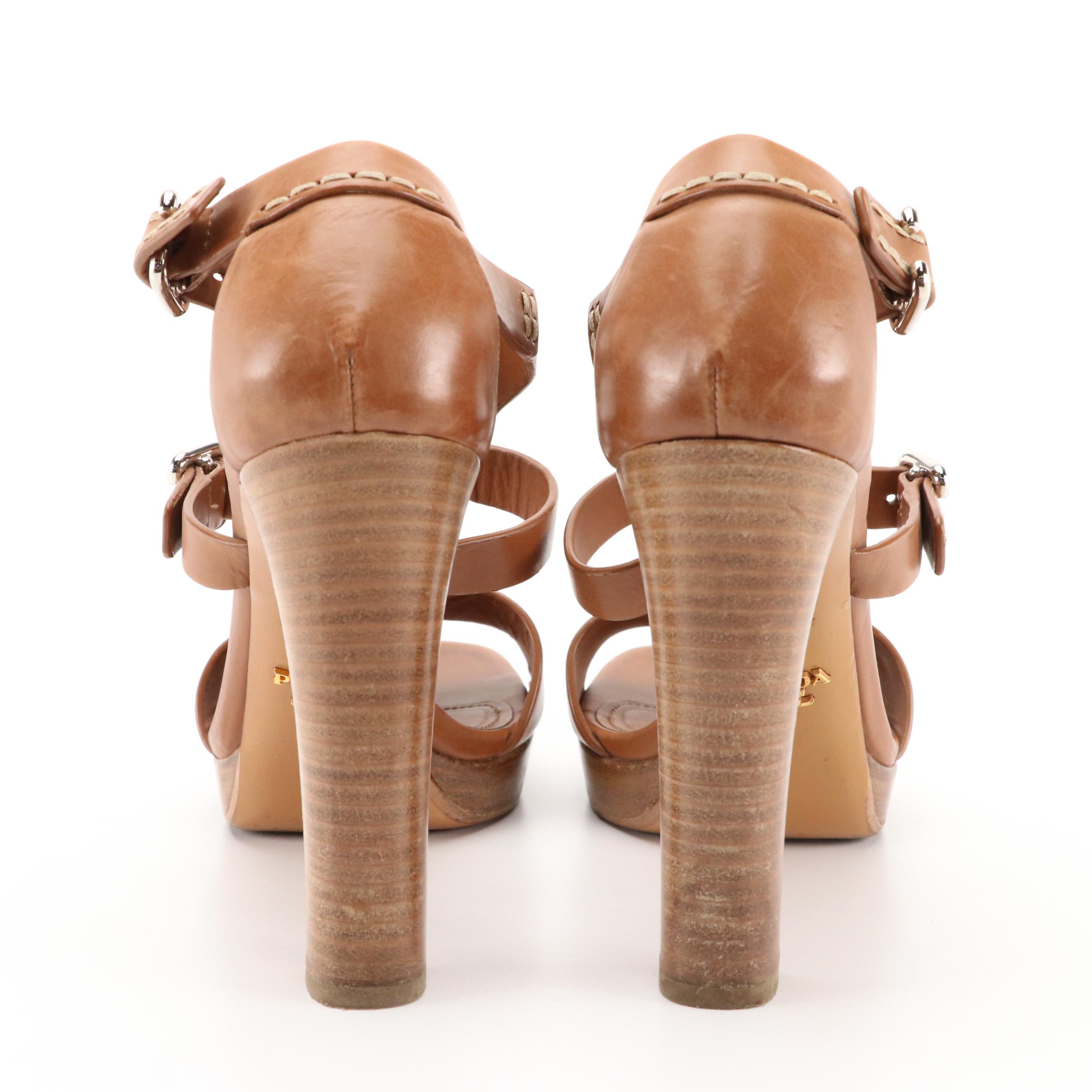 Prada Leather Buckle Strap High Block Heel Sandals