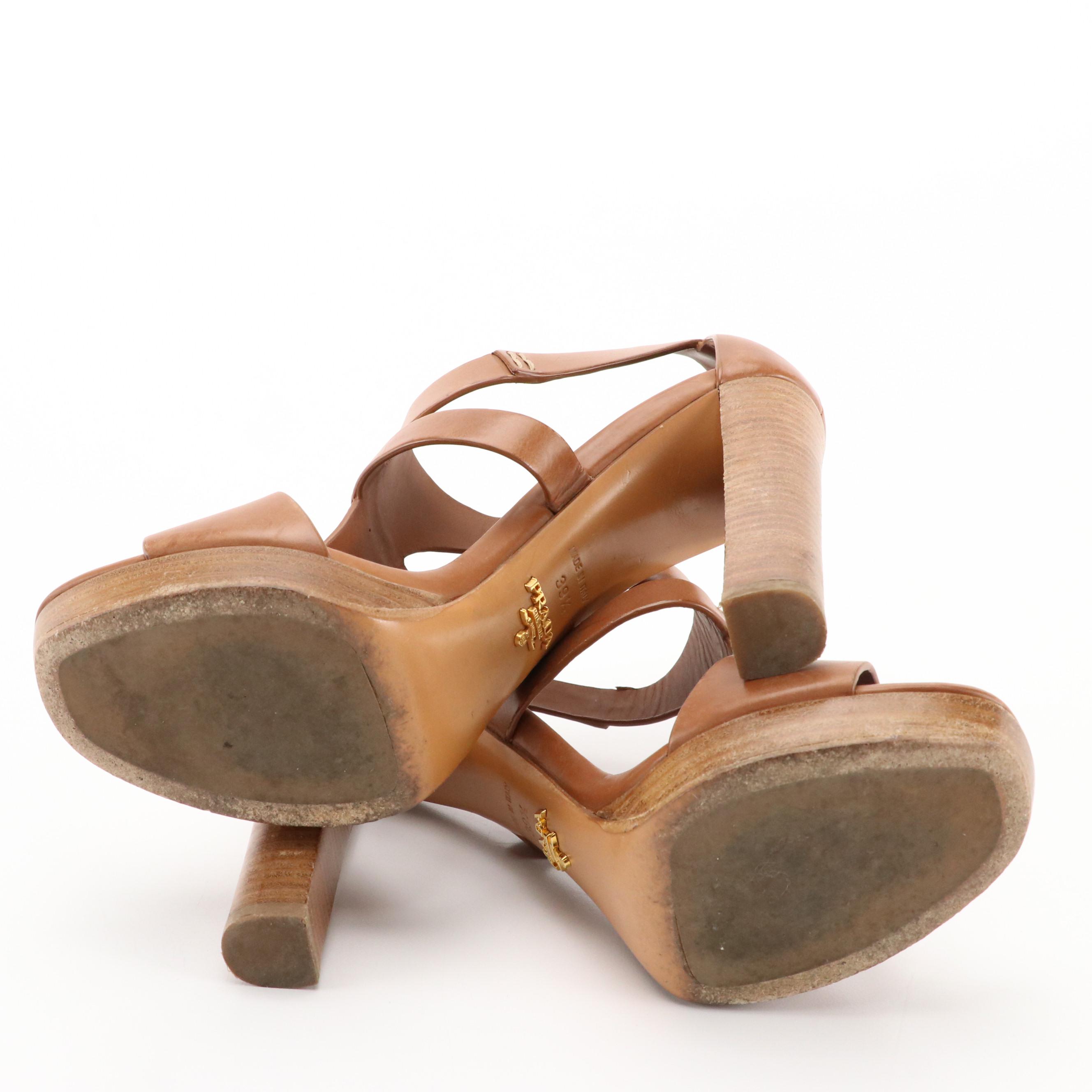 Prada Leather Buckle Strap High Block Heel Sandals