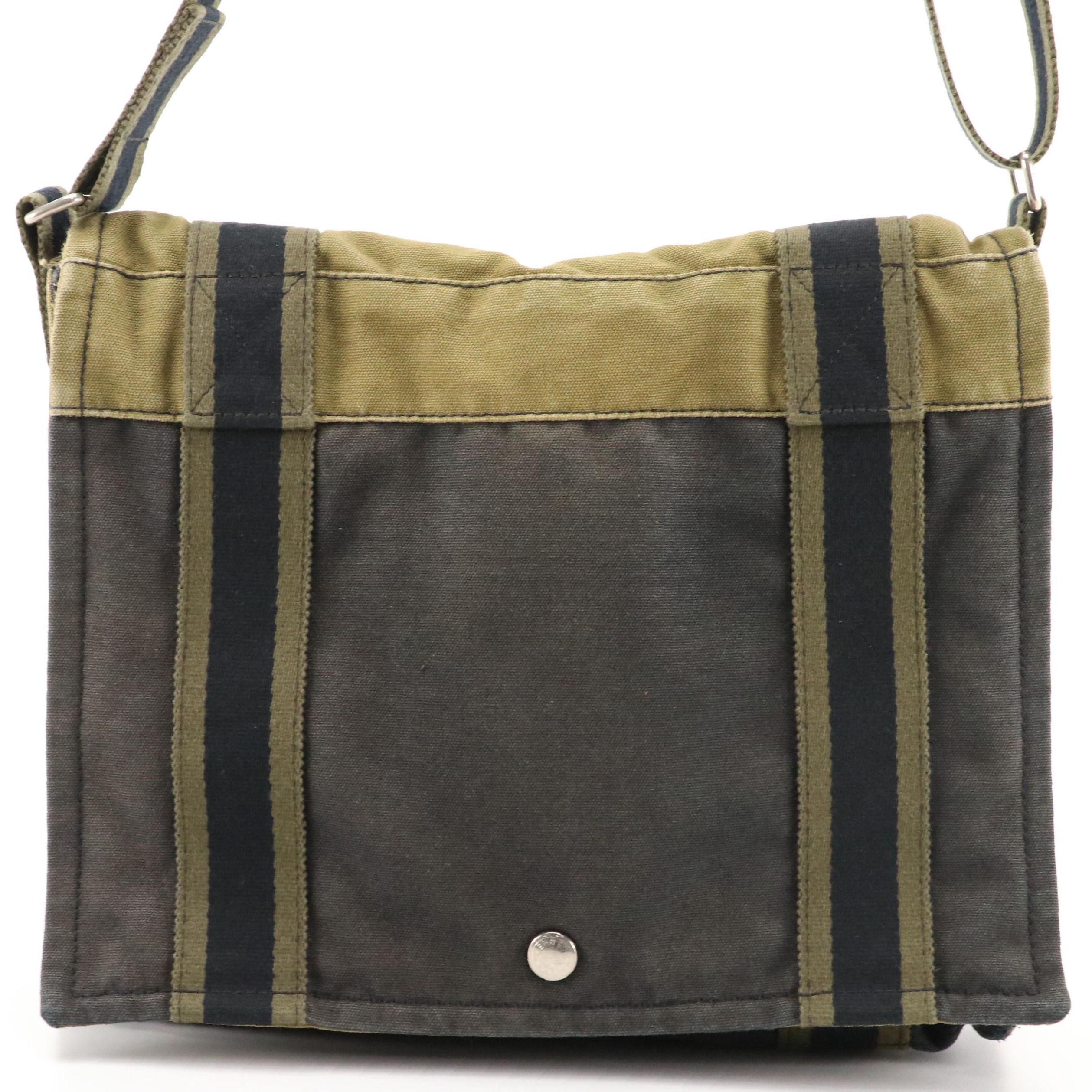 Hermès Herline Flap-Front Messenger Bag in Khaki Green and Navy Canvas