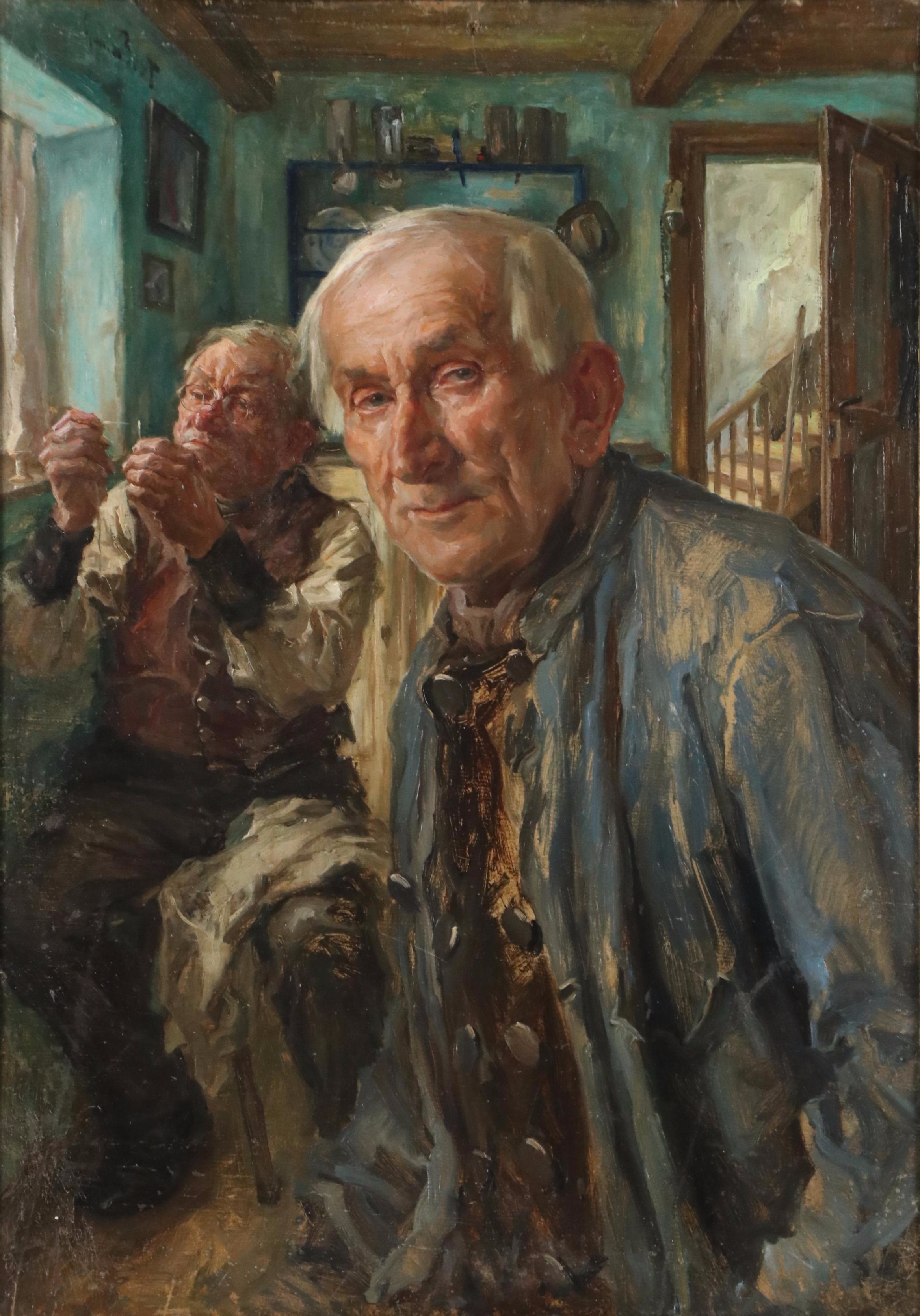 Oil Painting of an Interior Scene with Two Men