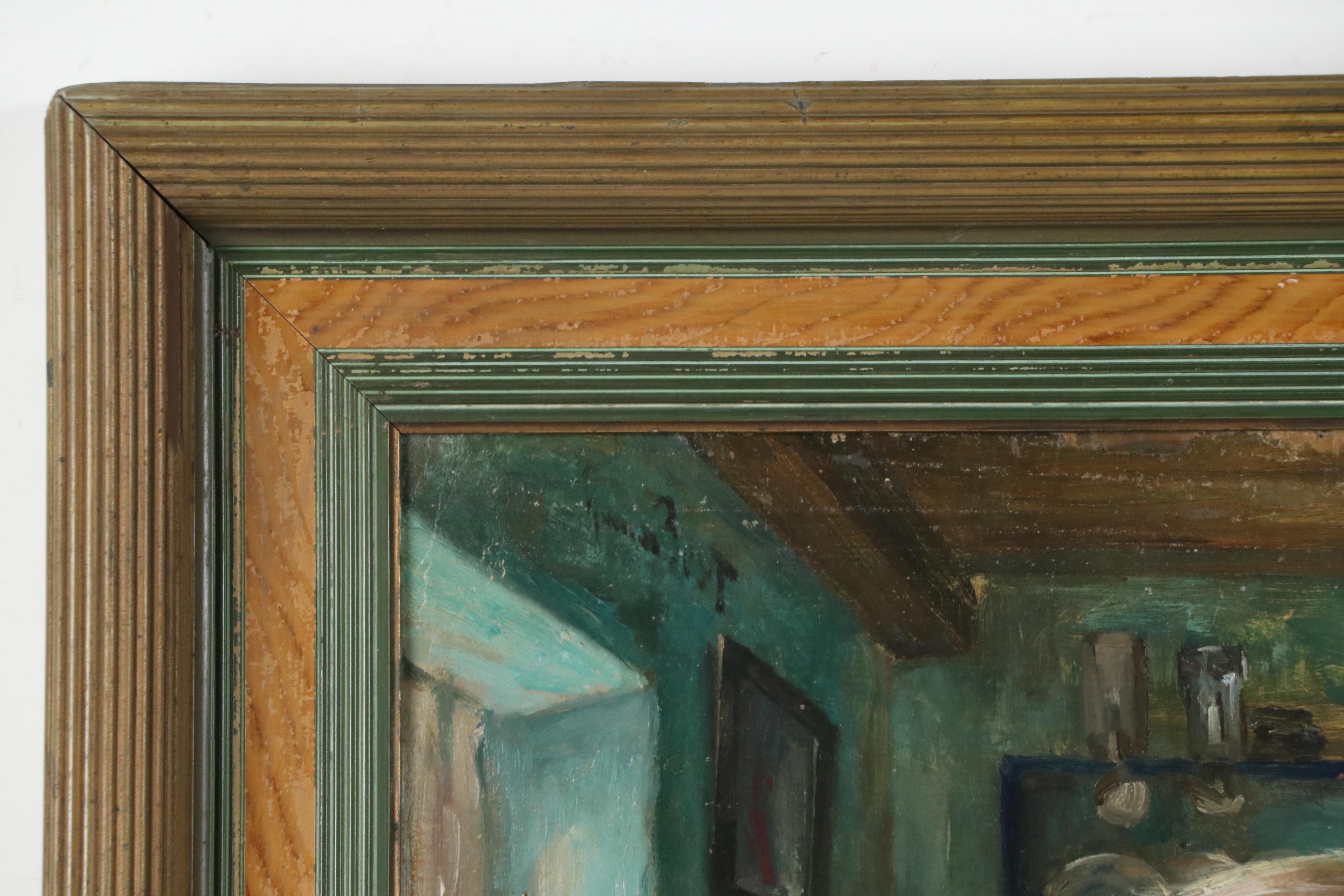 Oil Painting of an Interior Scene with Two Men