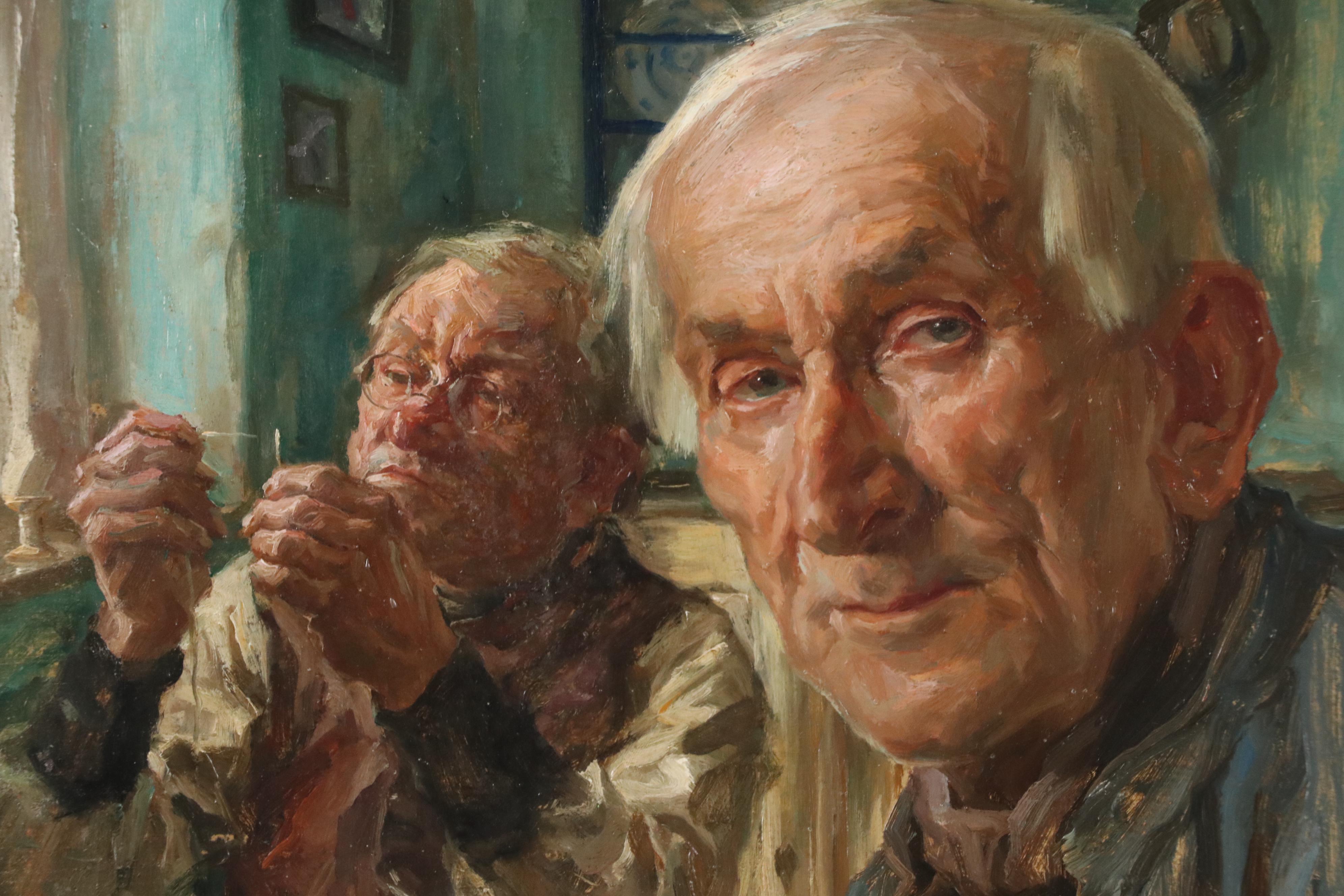 Oil Painting of an Interior Scene with Two Men