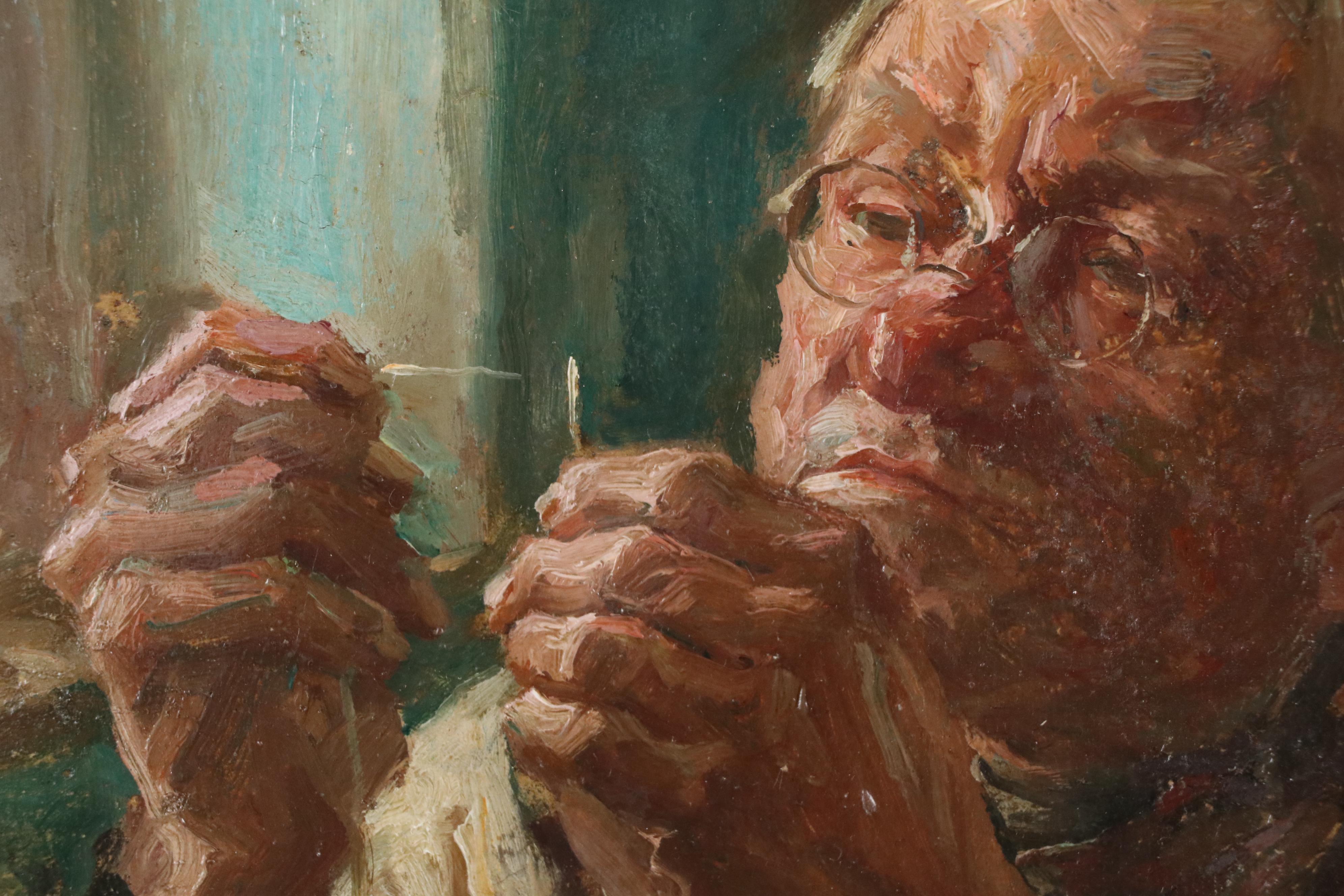 Oil Painting of an Interior Scene with Two Men