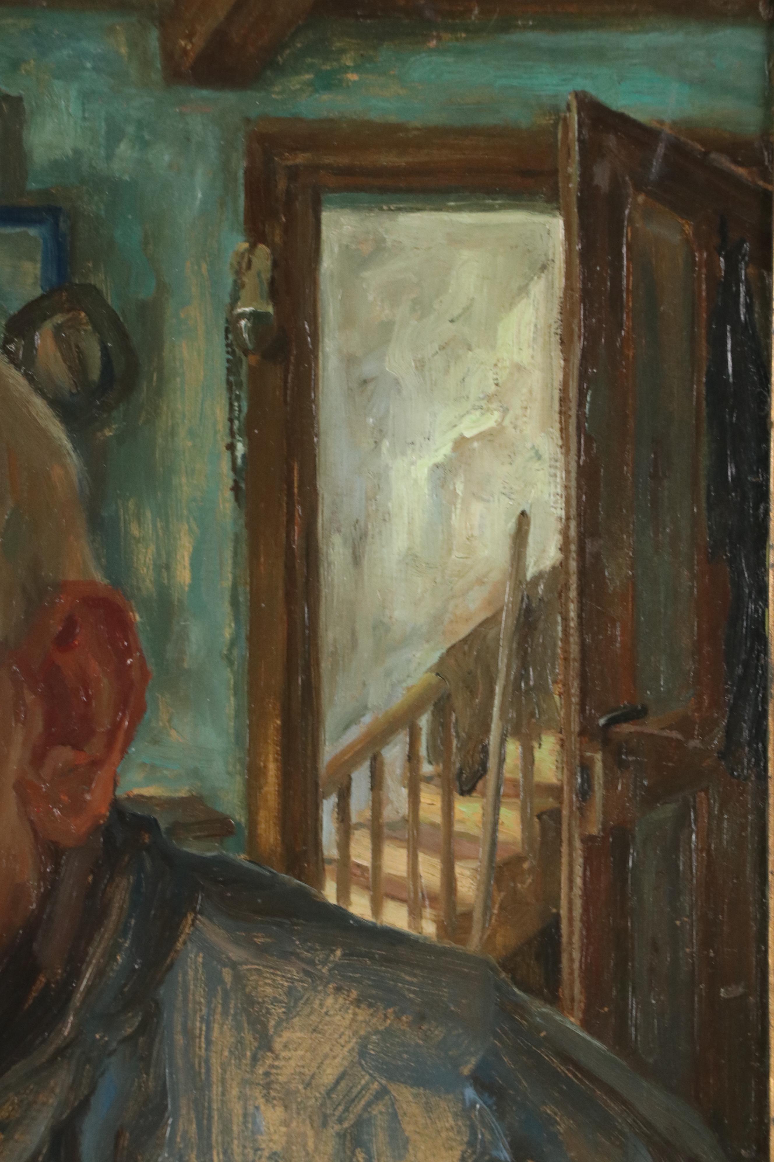 Oil Painting of an Interior Scene with Two Men