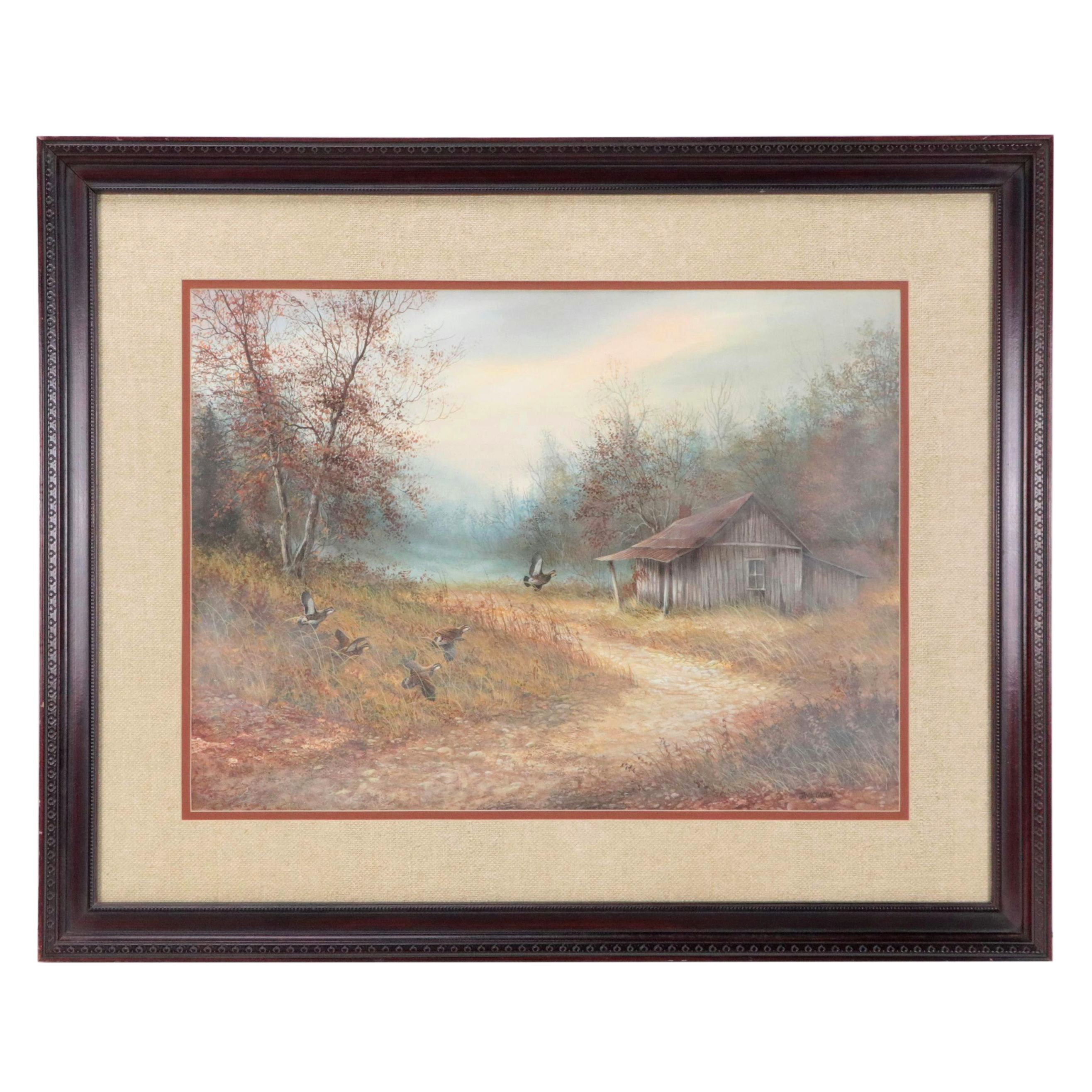 Jamie Carter Watercolor Painting of Country Landscape With Grouses in Flight