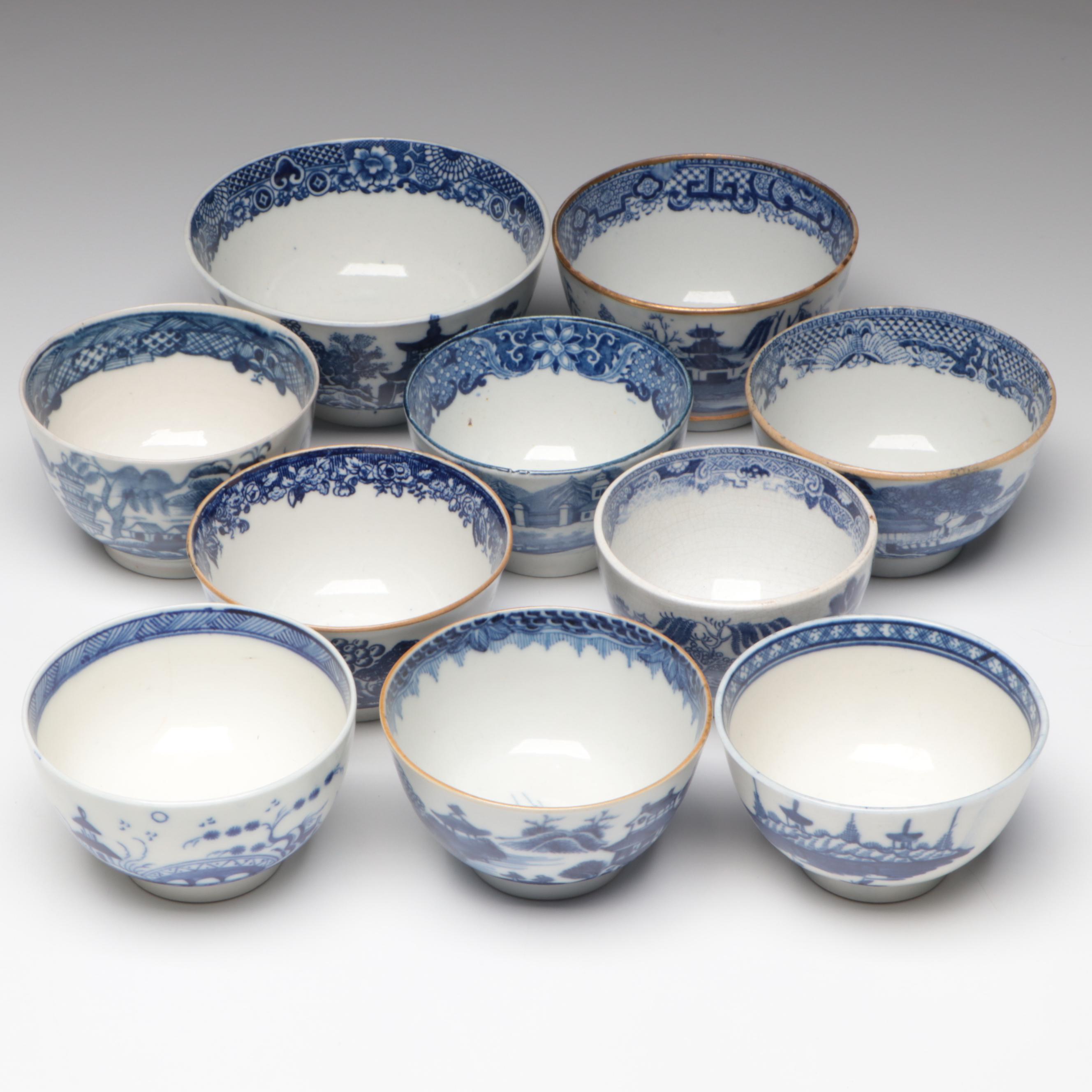 Caughley and Other English Porcelain Blue Willow Bowls, Late 18th- Early 19th C.