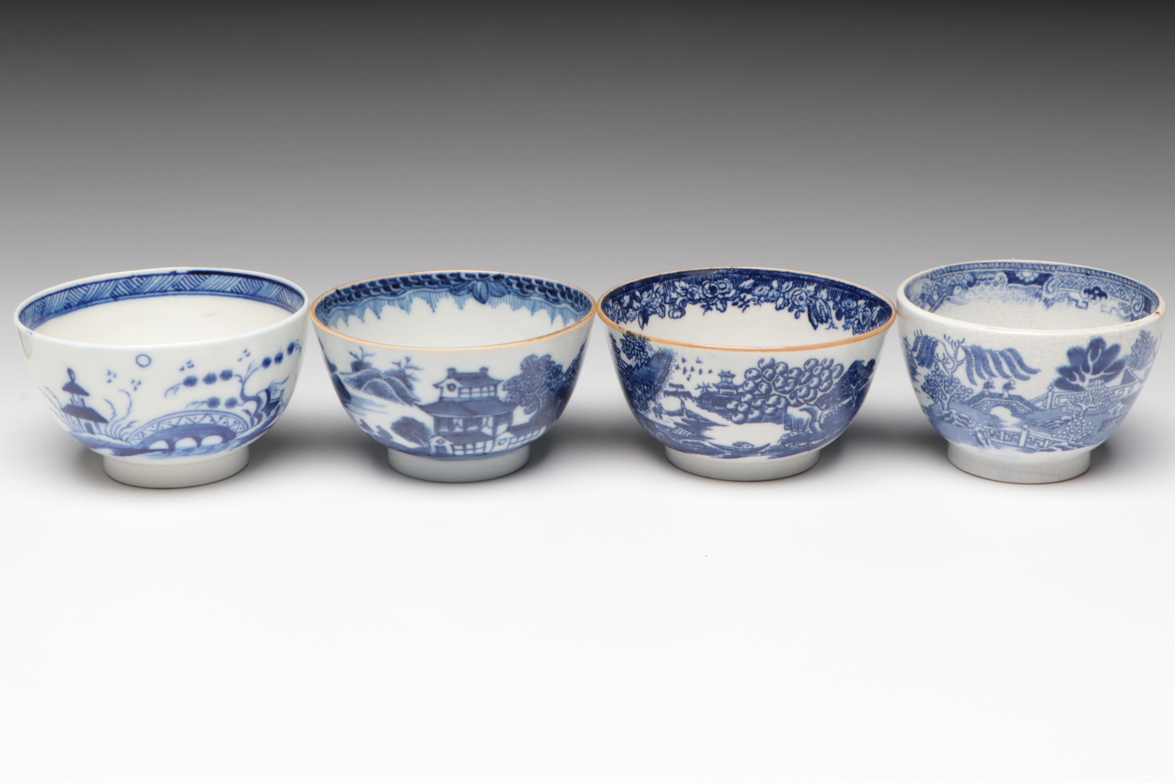 Caughley and Other English Porcelain Blue Willow Bowls, Late 18th- Early 19th C.