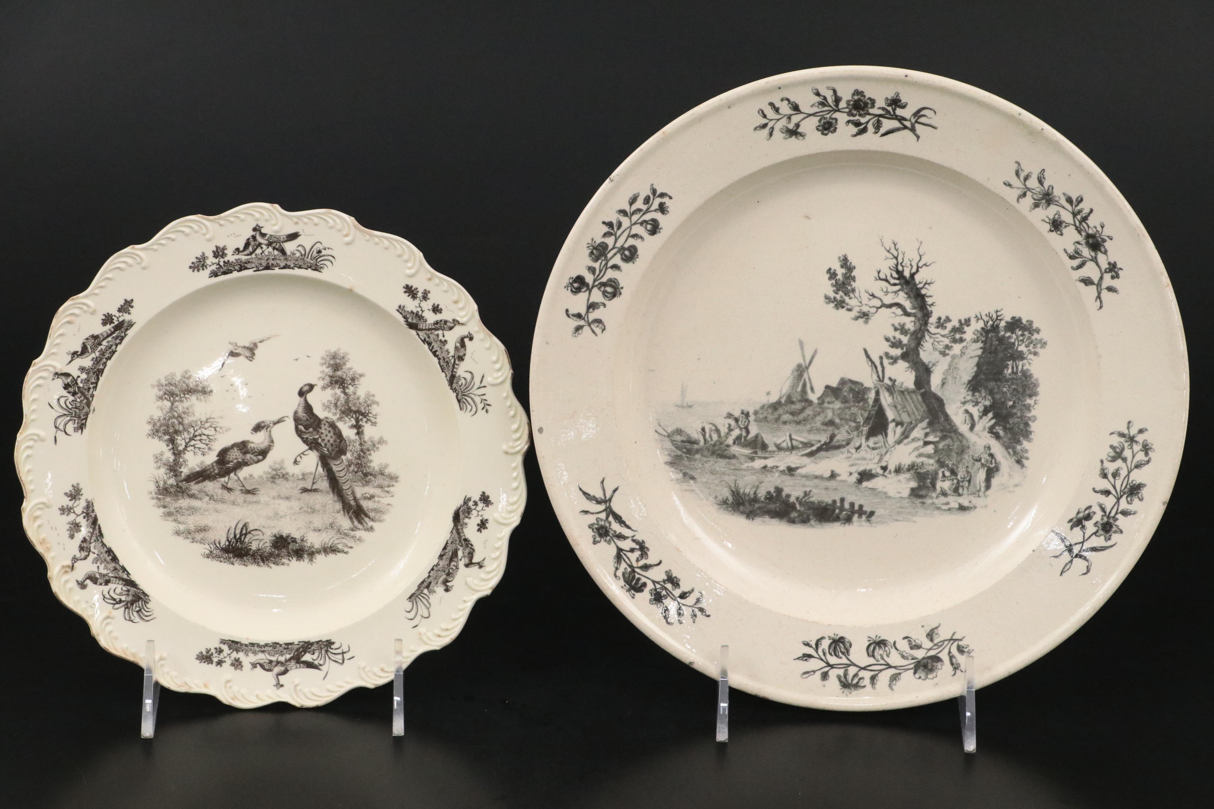 Wedgwood Liverpool Birds Soup Plate with Other English Black Transfer Creamware