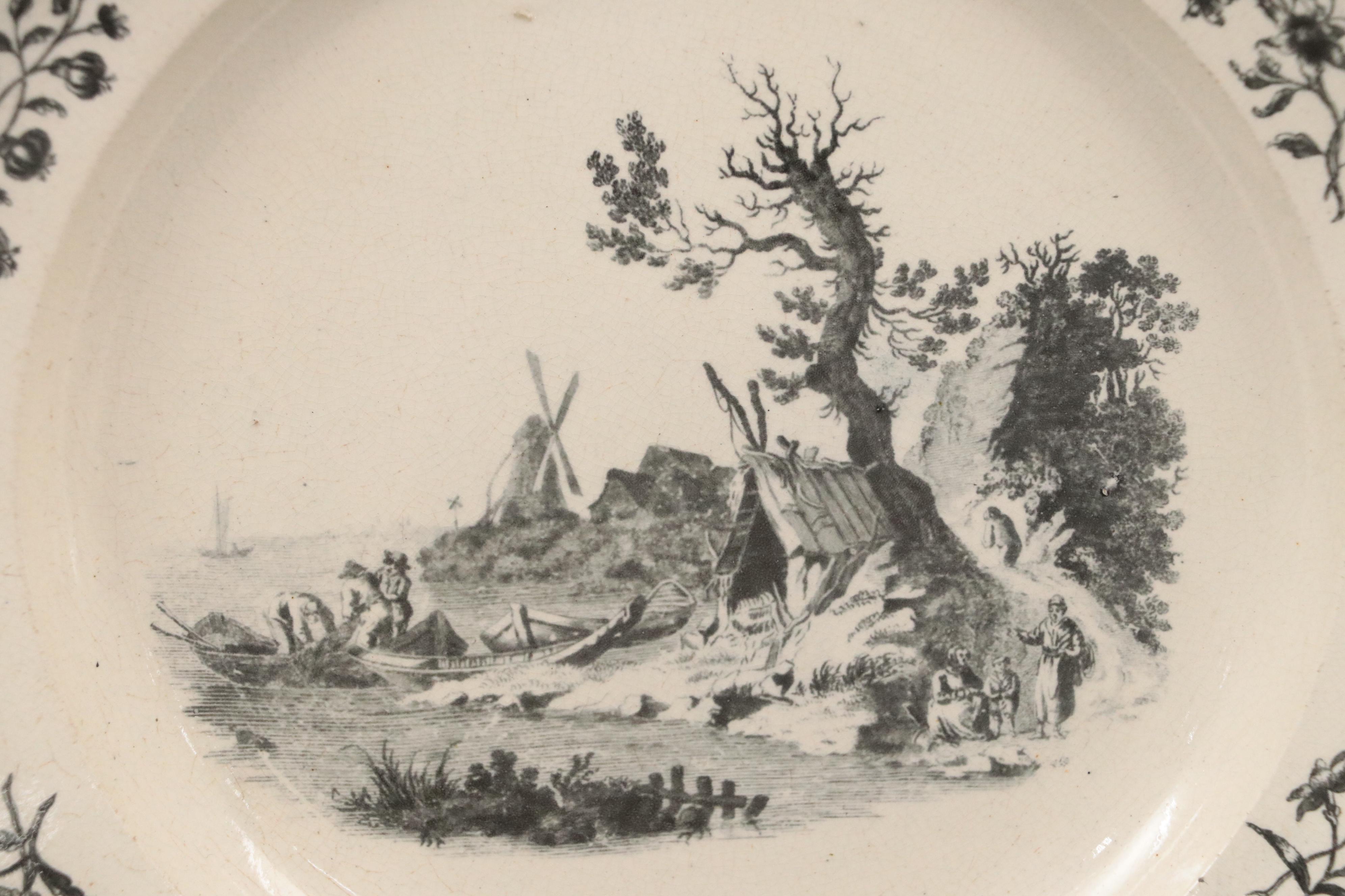 Wedgwood Liverpool Birds Soup Plate with Other English Black Transfer Creamware