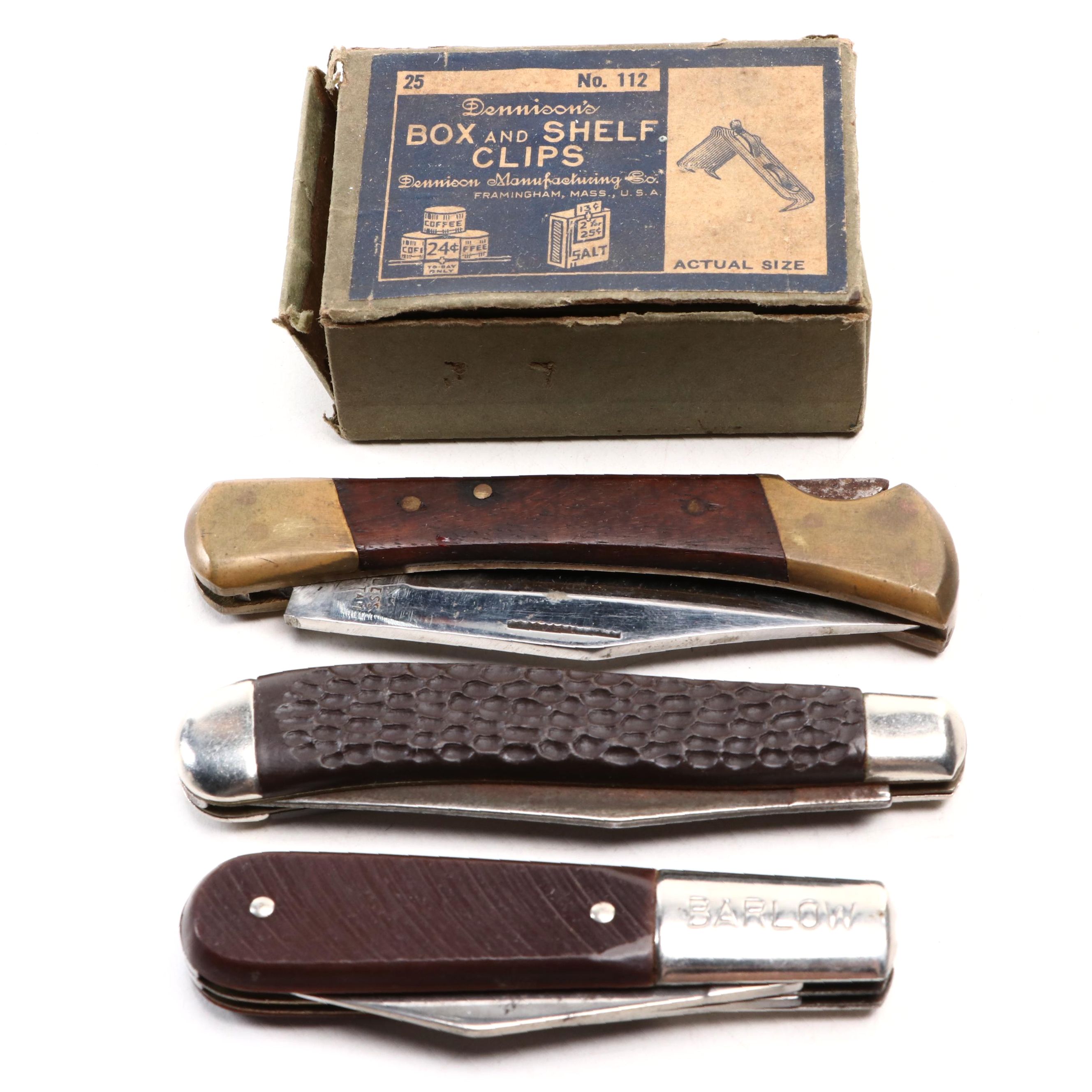 Barlow and Other Pocket Knives with Donnison's Box and Shelf Clips