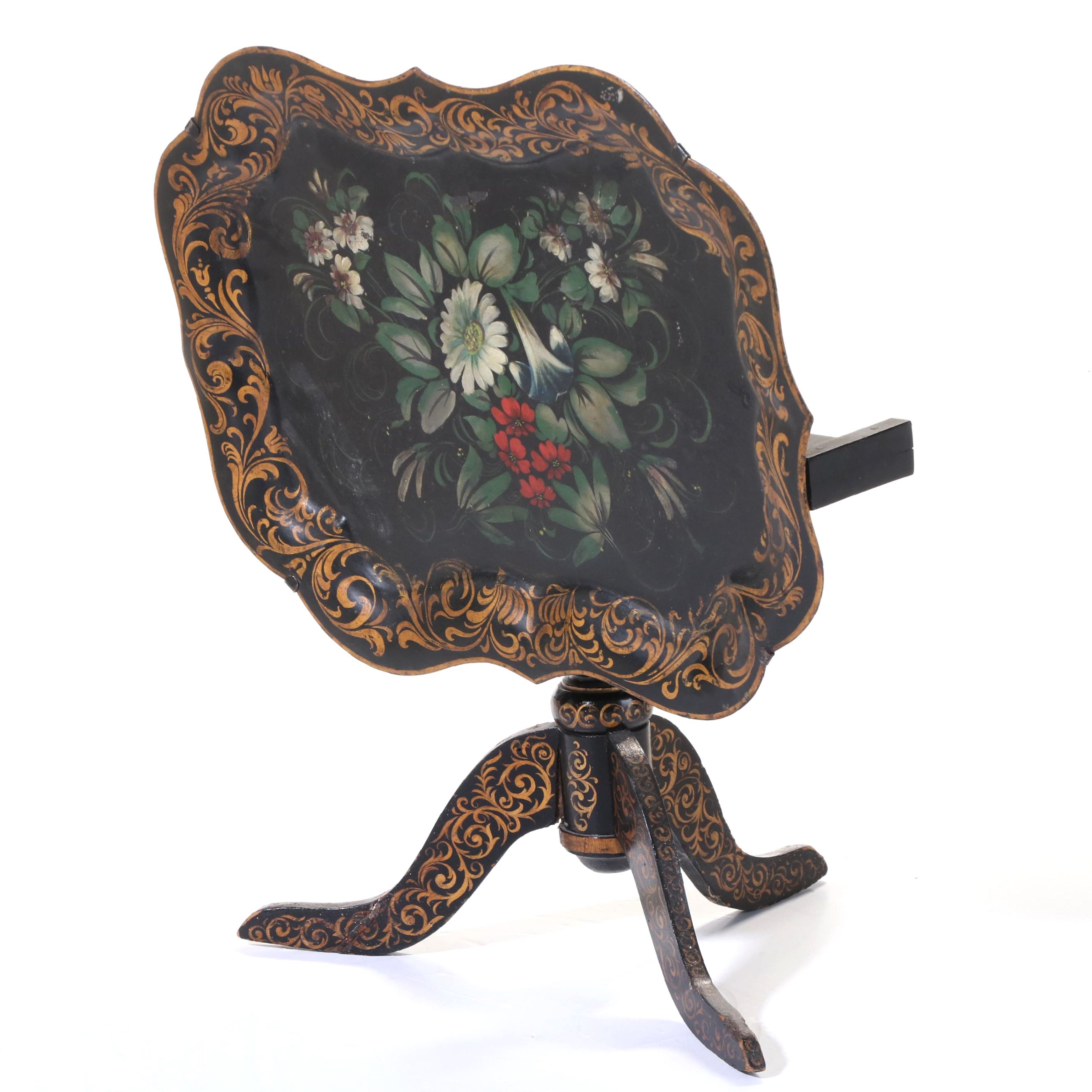 Victorian Tole-Peinte Tray on Ebonized and Parcel-Gilt Tilt-Top Stand, Adapted