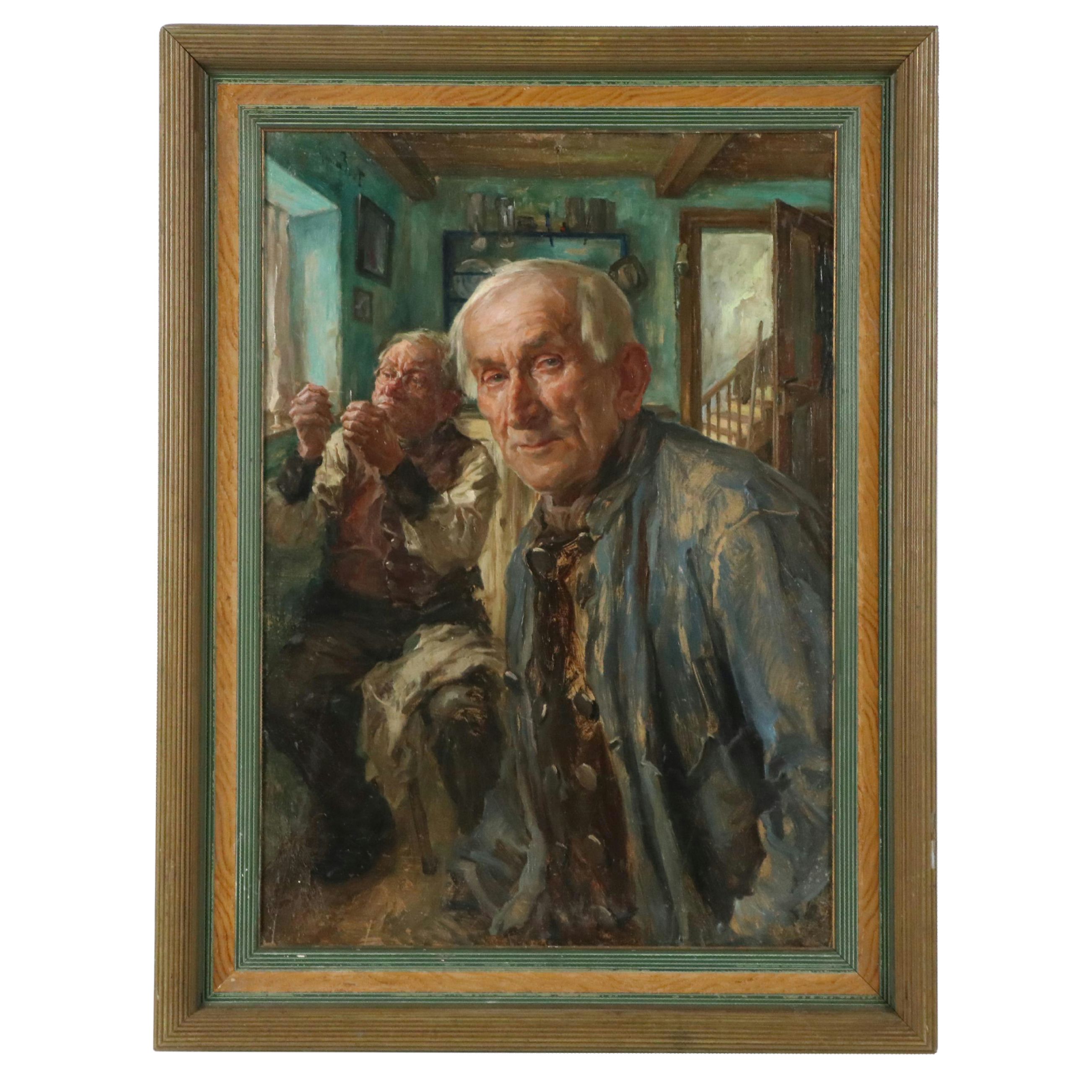 Oil Painting of an Interior Scene with Two Men