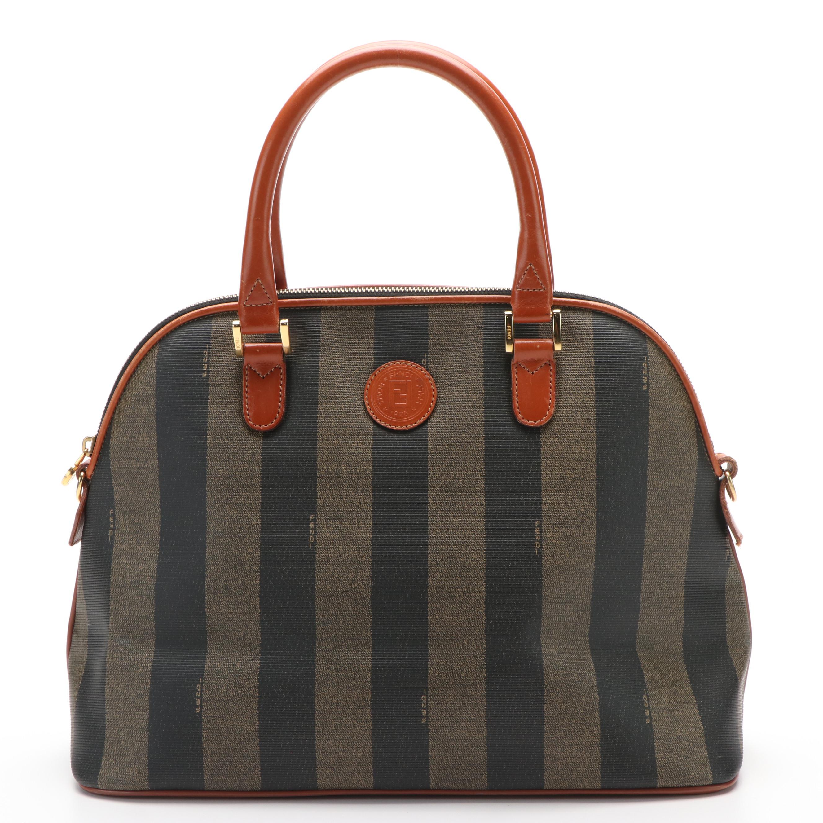 Fendi Pequin Medium Dome Bag in Coated Canvas and Brown Leather