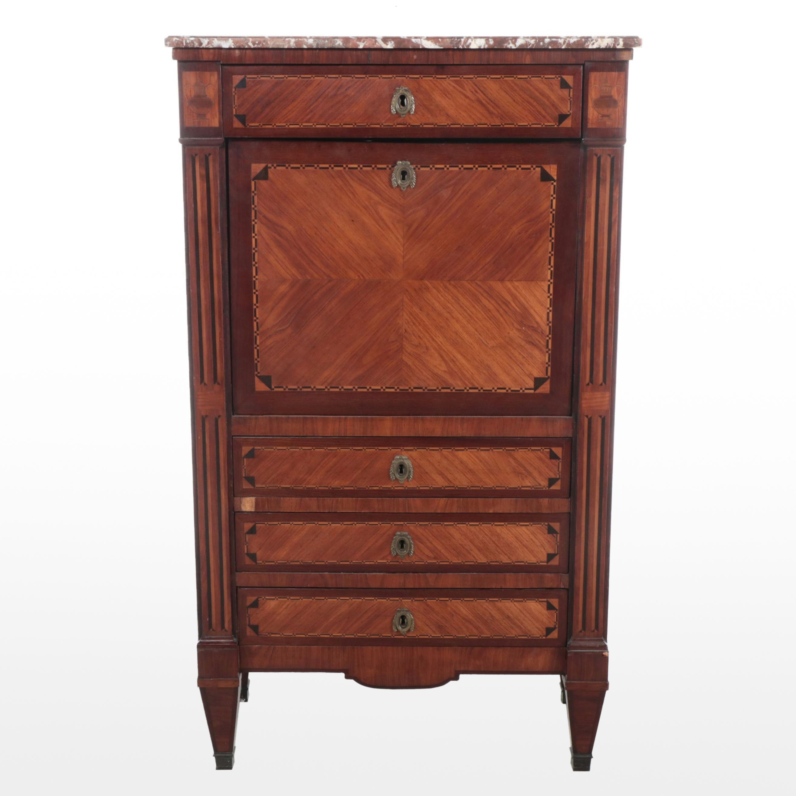 Louis XVI Style Kingwood, Marquetry, and Marble Top Secrétaire à Abattant