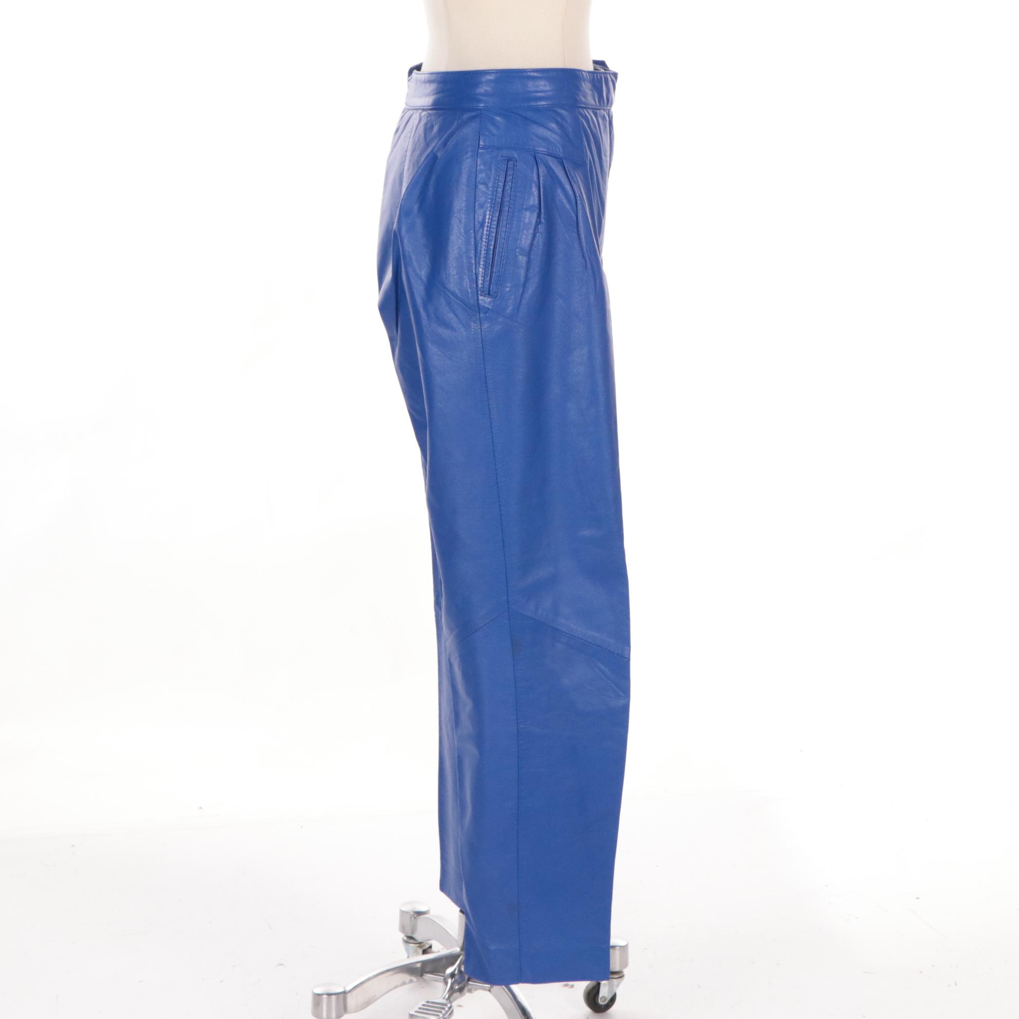 Ruby Red and Electric Blue High-Waisted Vintage Leather Pants